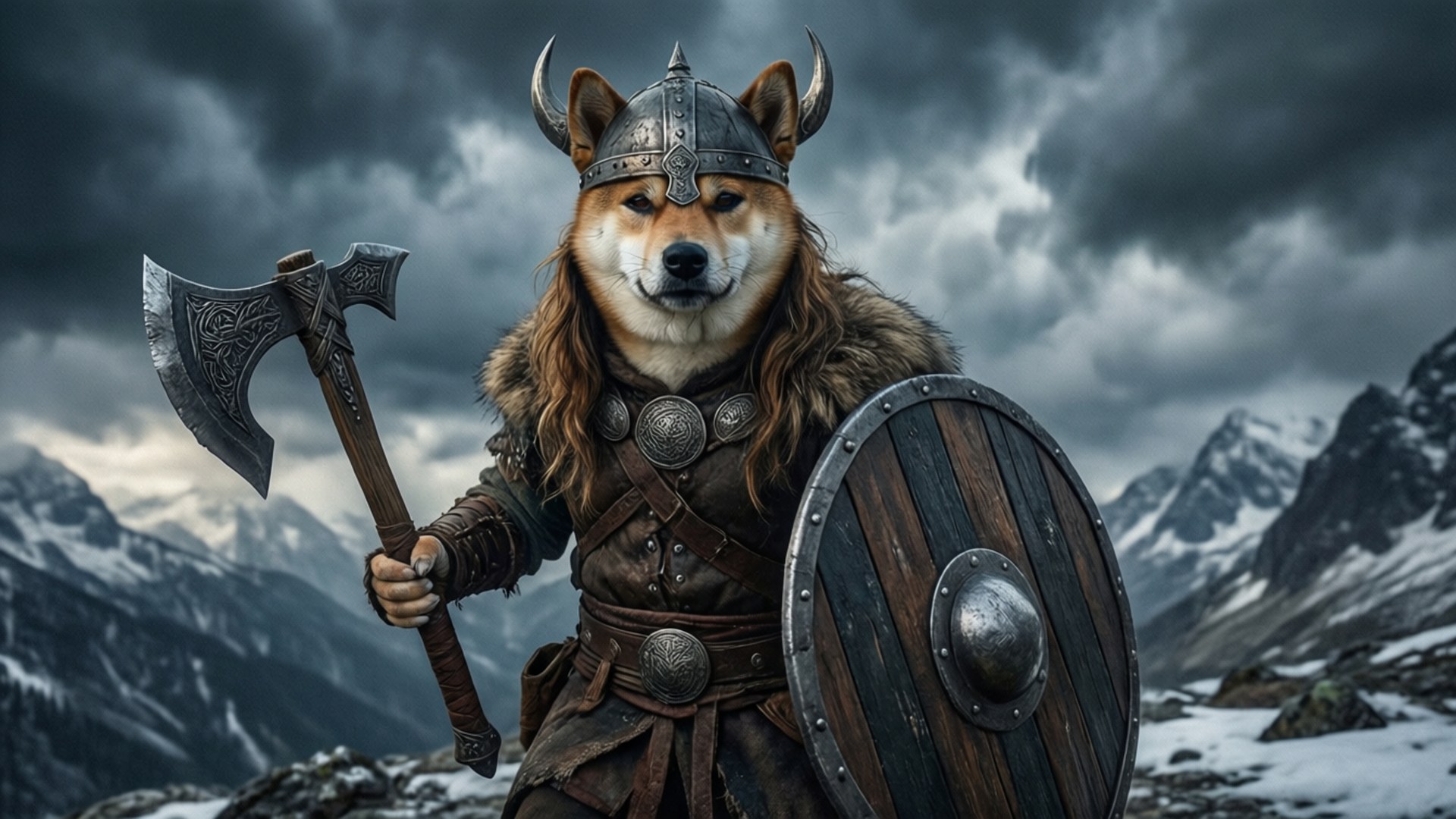 維京狗狗 壁紙 — 一隻柴犬打扮成維京戰士，在雪景山脈中挑釁地站立，手持斧頭和盾牌。