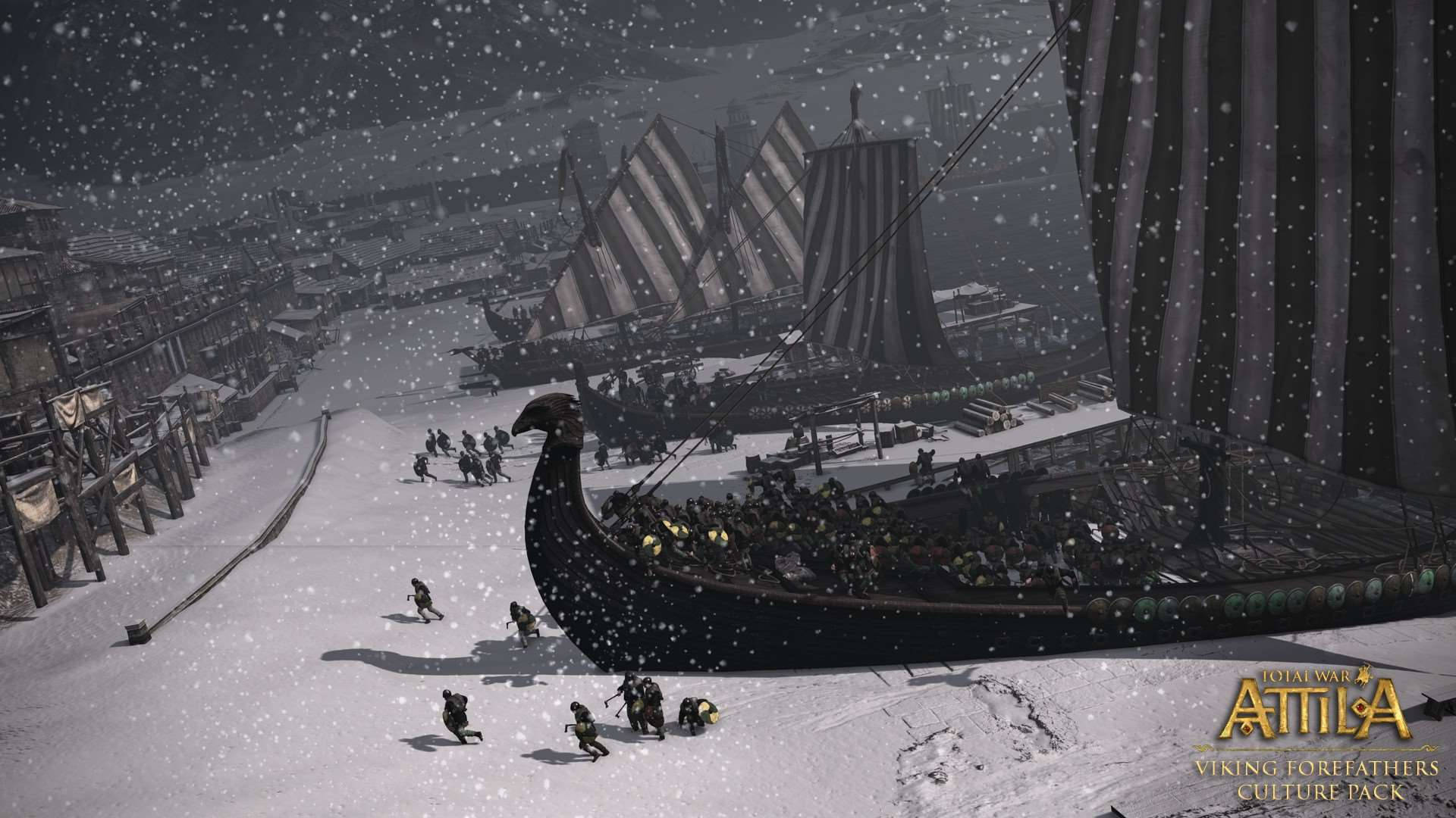 Attila 桌布 壁紙 — 維京長船停泊在雪港，戰士們在微弱的暮色中穿過飄雪行進。