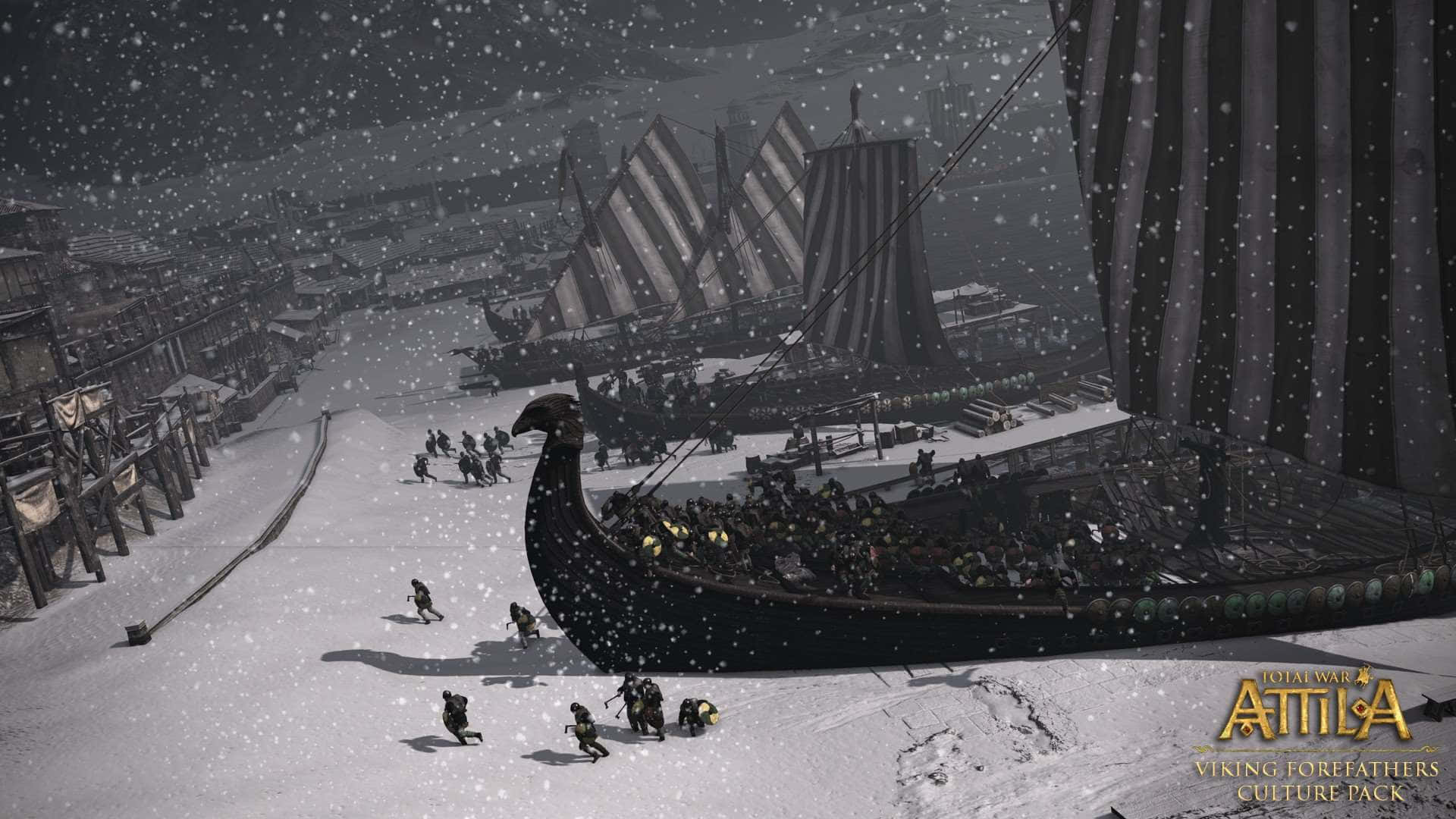 Total War Attila 桌布 壁紙 — 維京長船停泊在雪港，戰士們在黑暗風暴雲下冒雪行進。