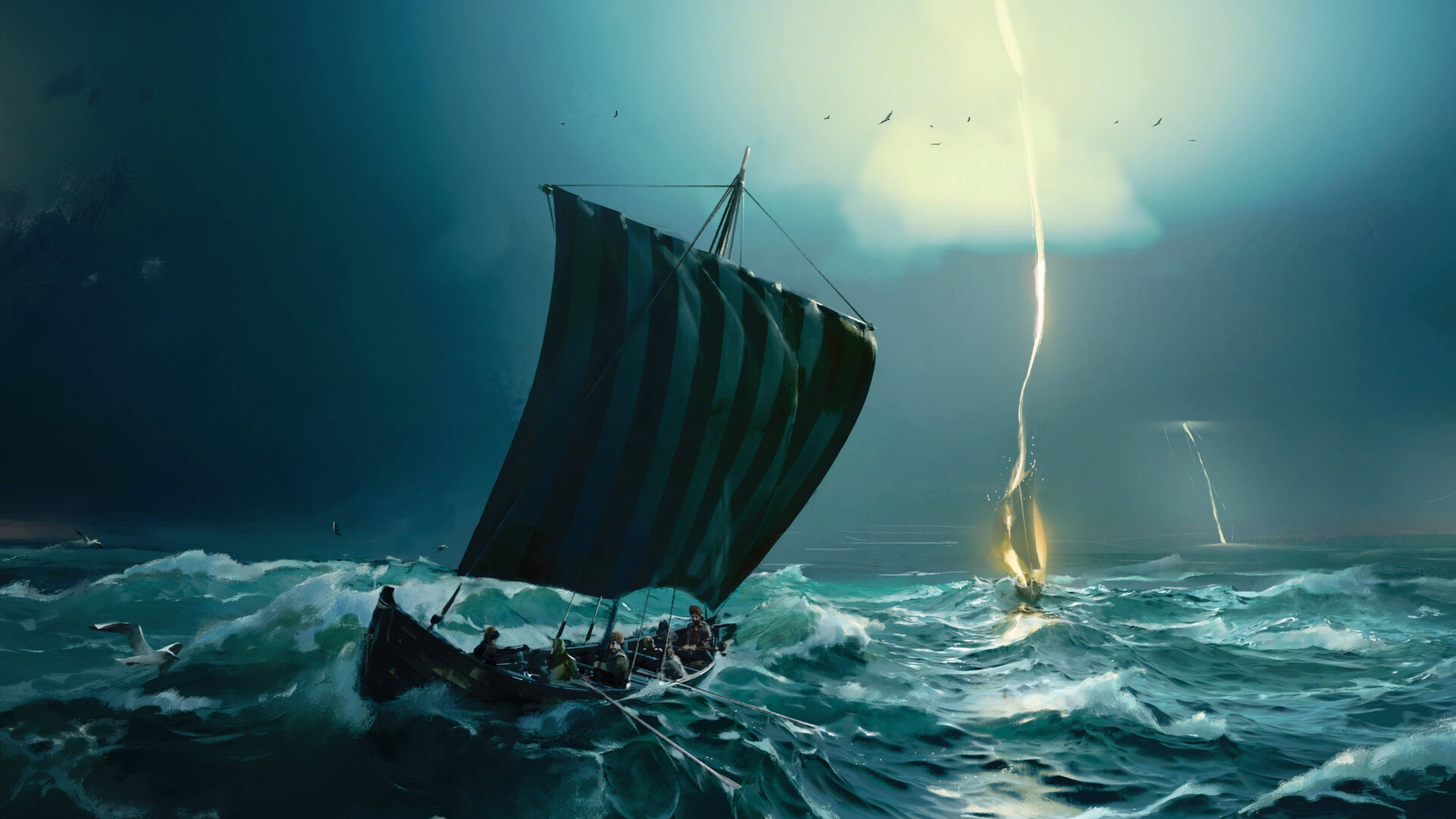 Viking Ship 桌布 壁紙 — 維京長船在暴風雨的天空下與波濤洶湧的大海搏鬥，附近有閃電擊中。
