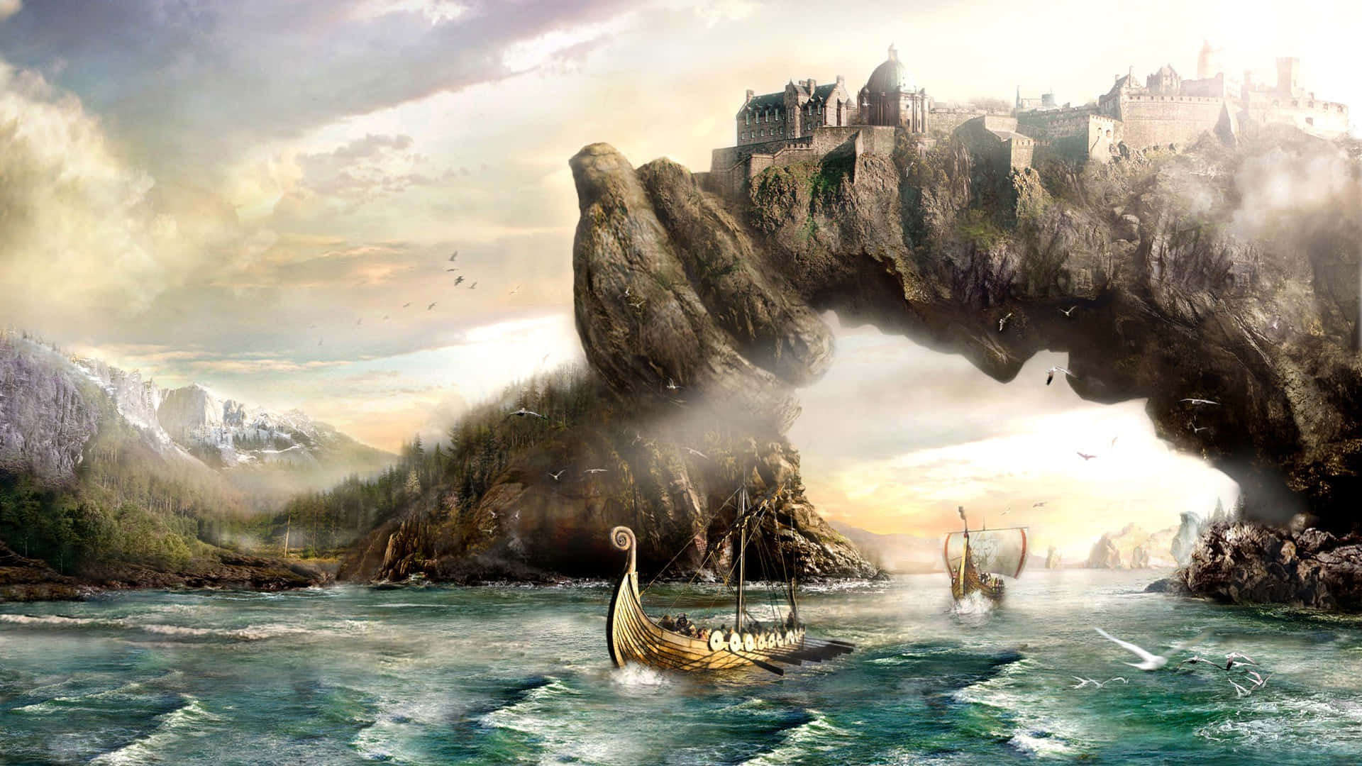 Skyrim Landscapes 桌布 壁紙 — 維京長船在霧海上航行，穿過一個巨大的天然岩石拱門，拱門頂上有一座中世紀城堡。