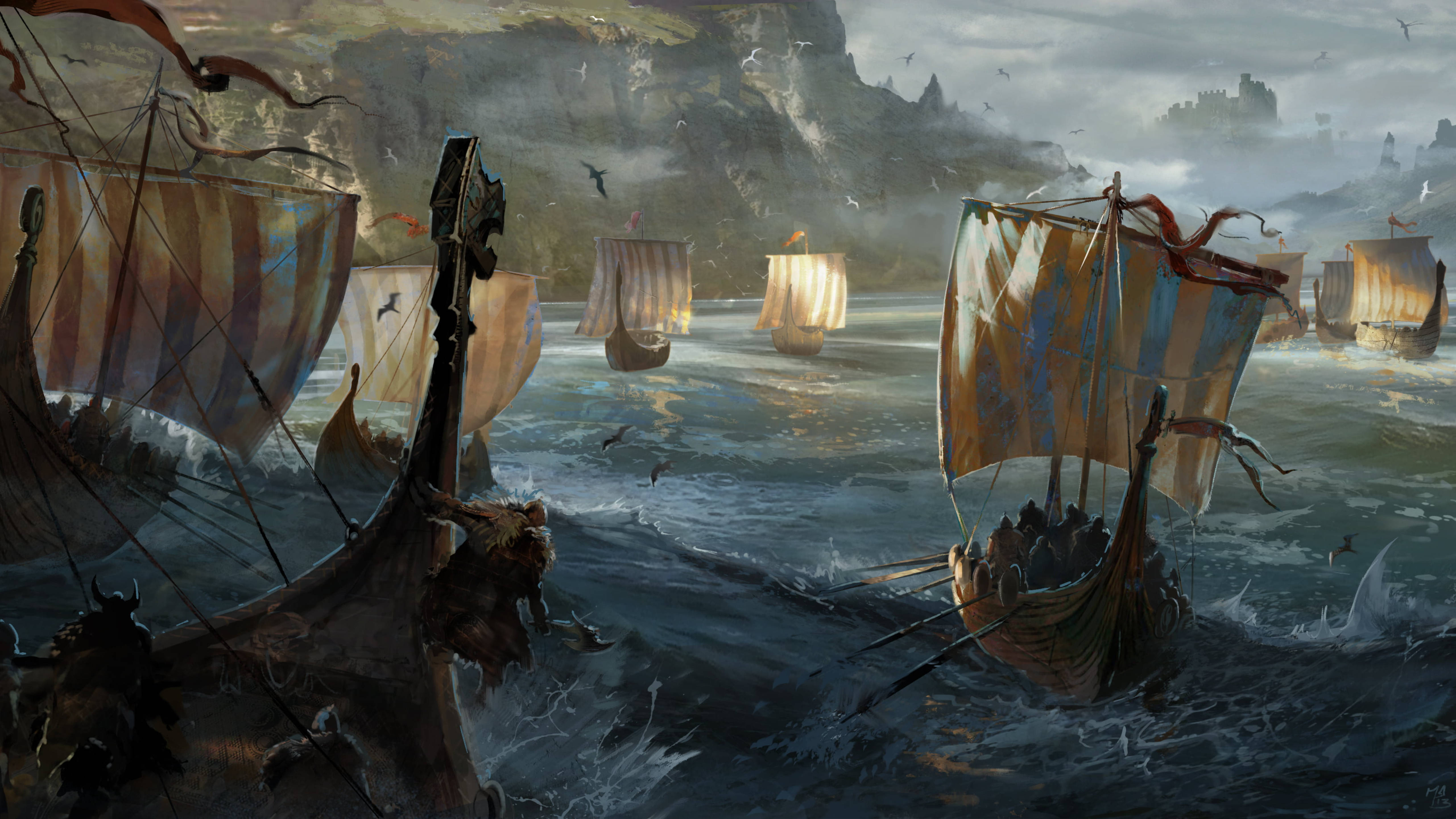 Viking Ship 桌布 壁紙 — 維京長船帶有條紋帆在陰沉天空下航行於霧氣懸崖附近的風暴海洋。