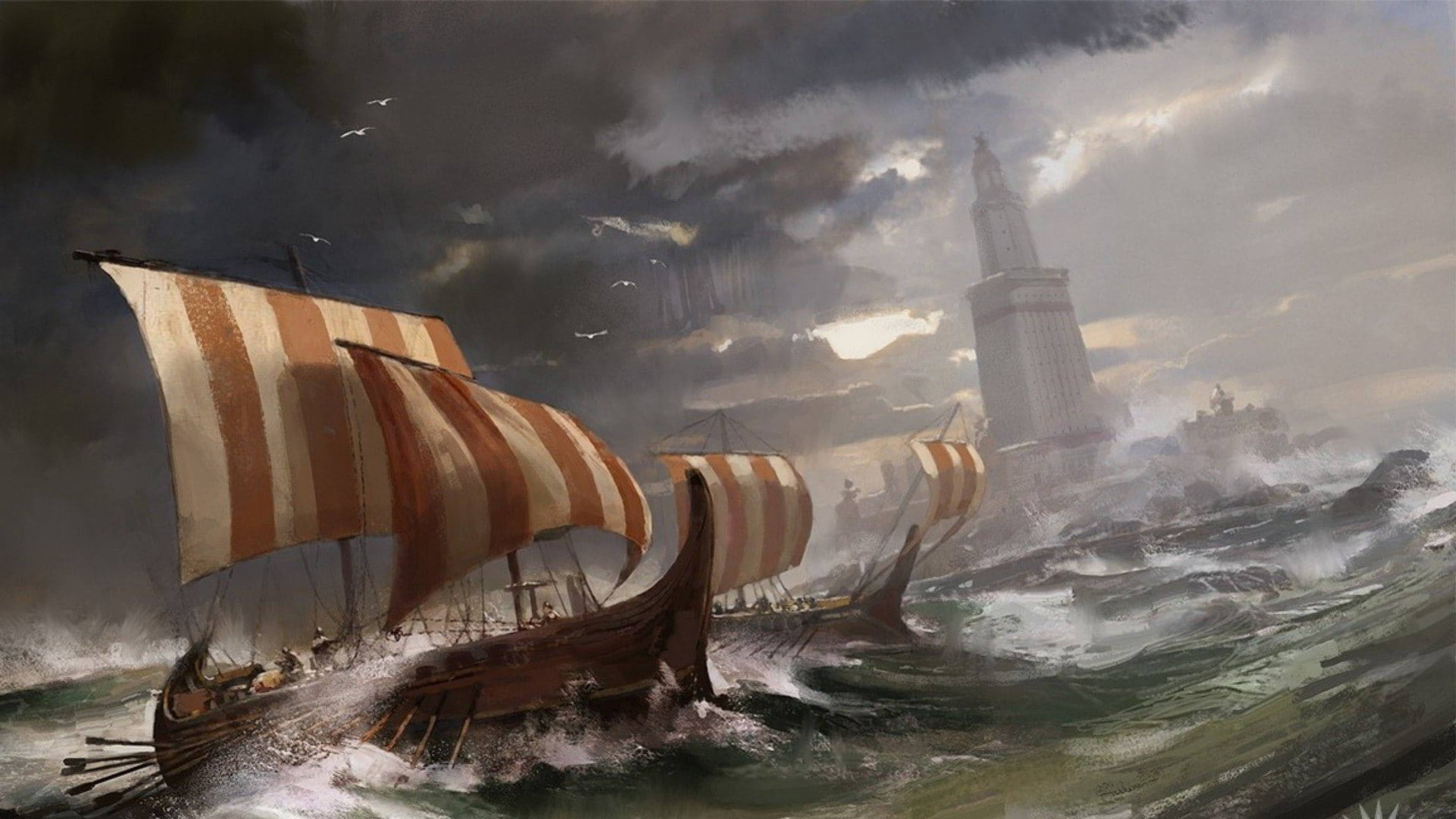 Viking Ship 桌布 壁紙 — 維京長船帶著條紋帆，在暴風雨的天空下，向著遠處的石塔與兇猛的海浪搏鬥。