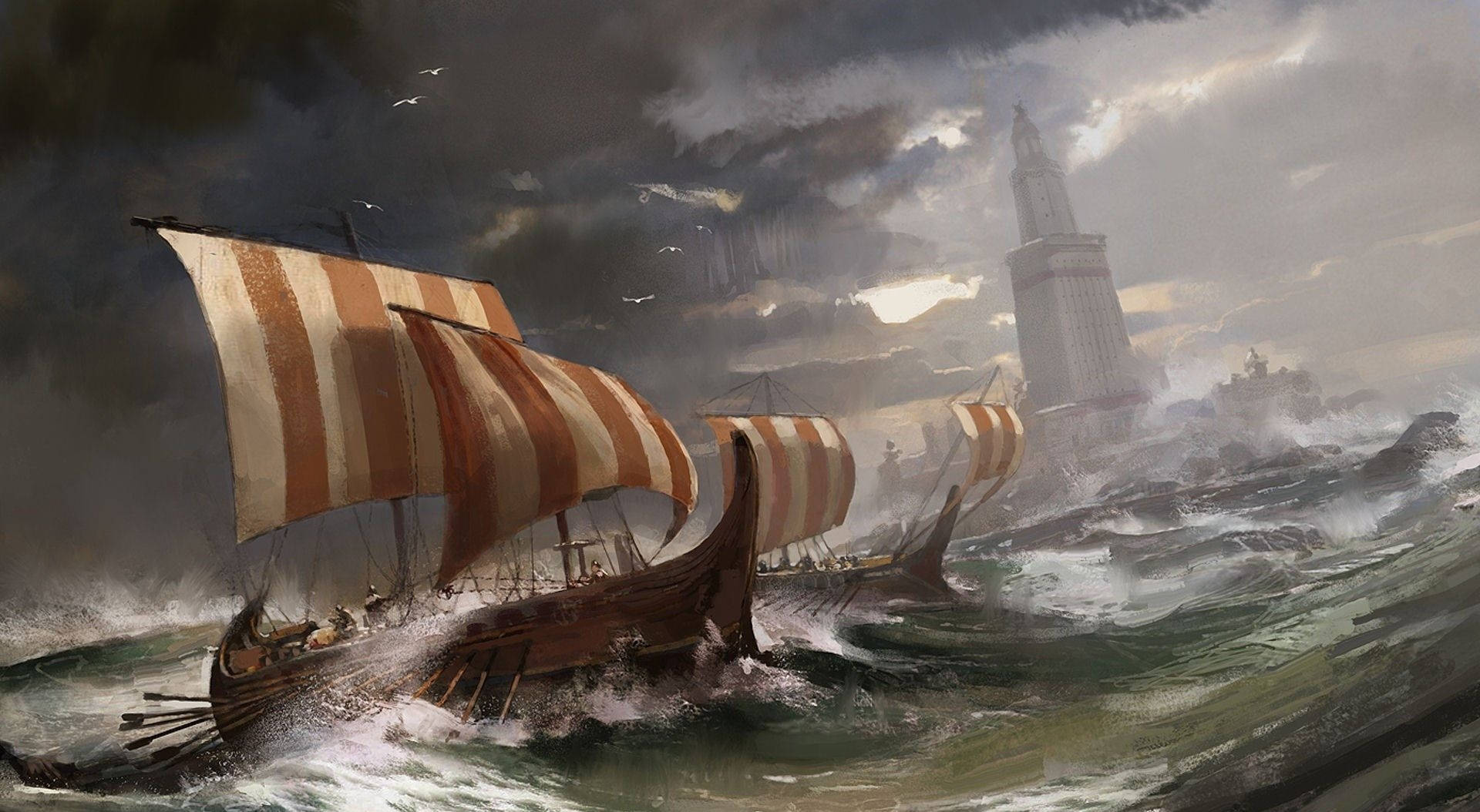 電玩遊戲 桌布 壁紙 — 維京長船帶著條紋帆在暴風雨的天空下向著遠方燈塔與兇猛海浪搏鬥。