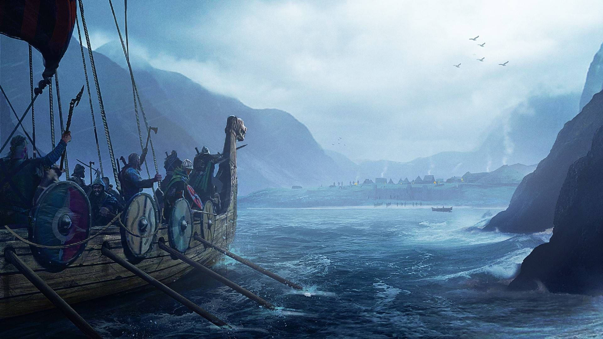 Viking Ship 桌布 壁紙 — 維京長船載著戰士在暴風雨中航行，穿過波濤洶湧的大海，駛向迷霧中的峽灣村莊，天空陰沉。
