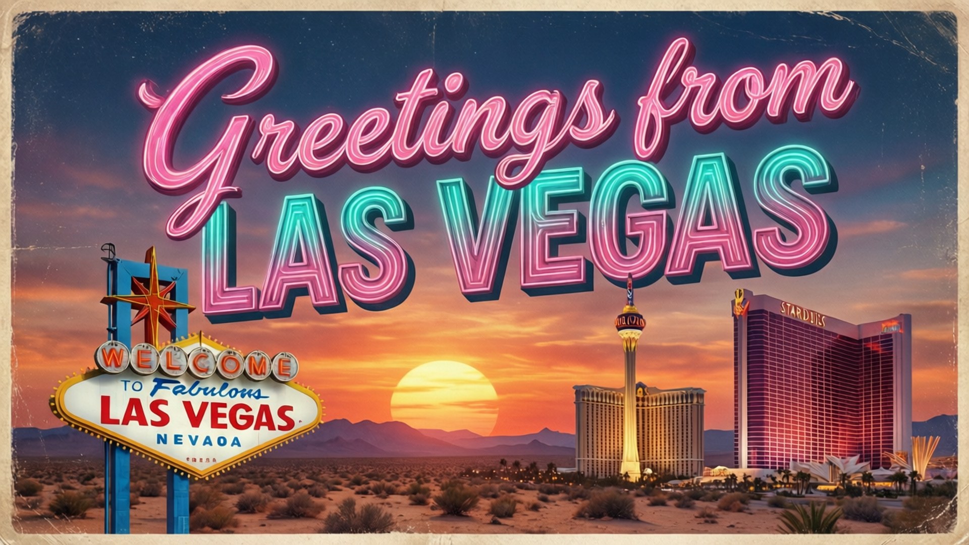 維加斯明信片 壁紙 — 復古懷舊標牌寫著「Greetings from Las Vegas」，背景是夕陽天空、標誌性酒店和沙漠景觀。