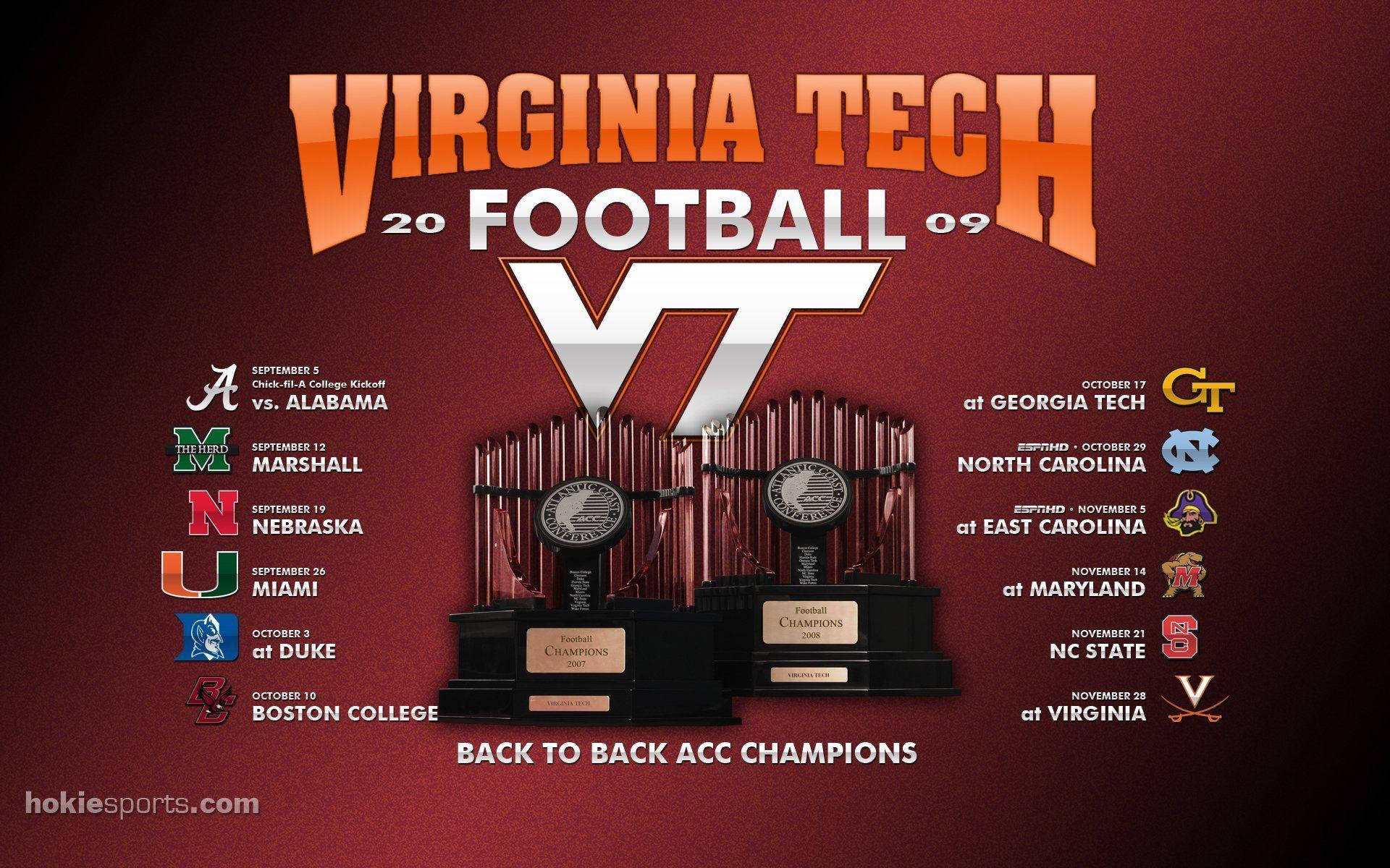 Virginia Tech 桌布 壁紙 — 維吉尼亞理工大學美式足球冠軍海報，展示兩個獎盃，兩側是對陣ACC對手的賽程，背景為栗色。