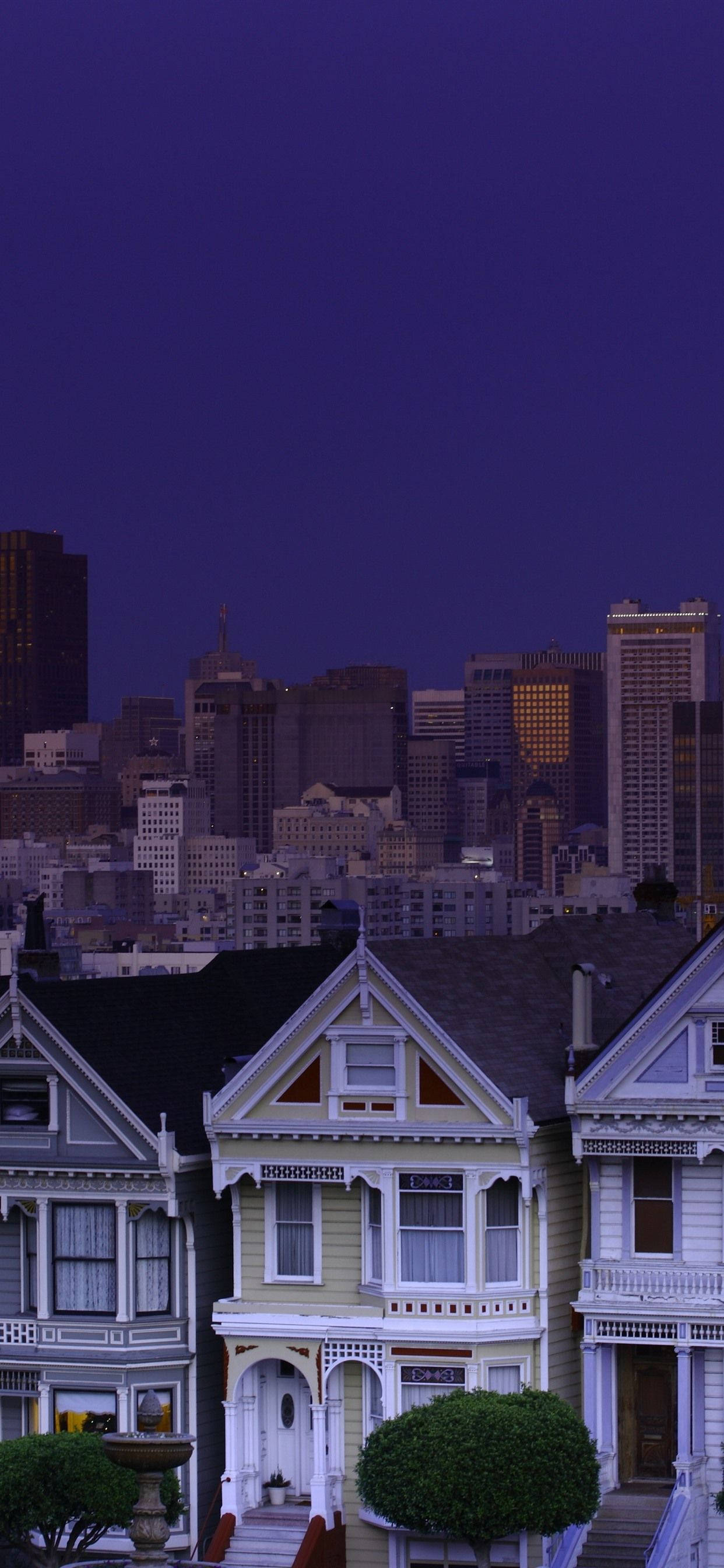 san francisco iPhone 桌布 壁紙 — 維多利亞式房屋帶有華麗的裝飾線條，矗立在前景，背景是深紫色的暮色天空和城市天際線。