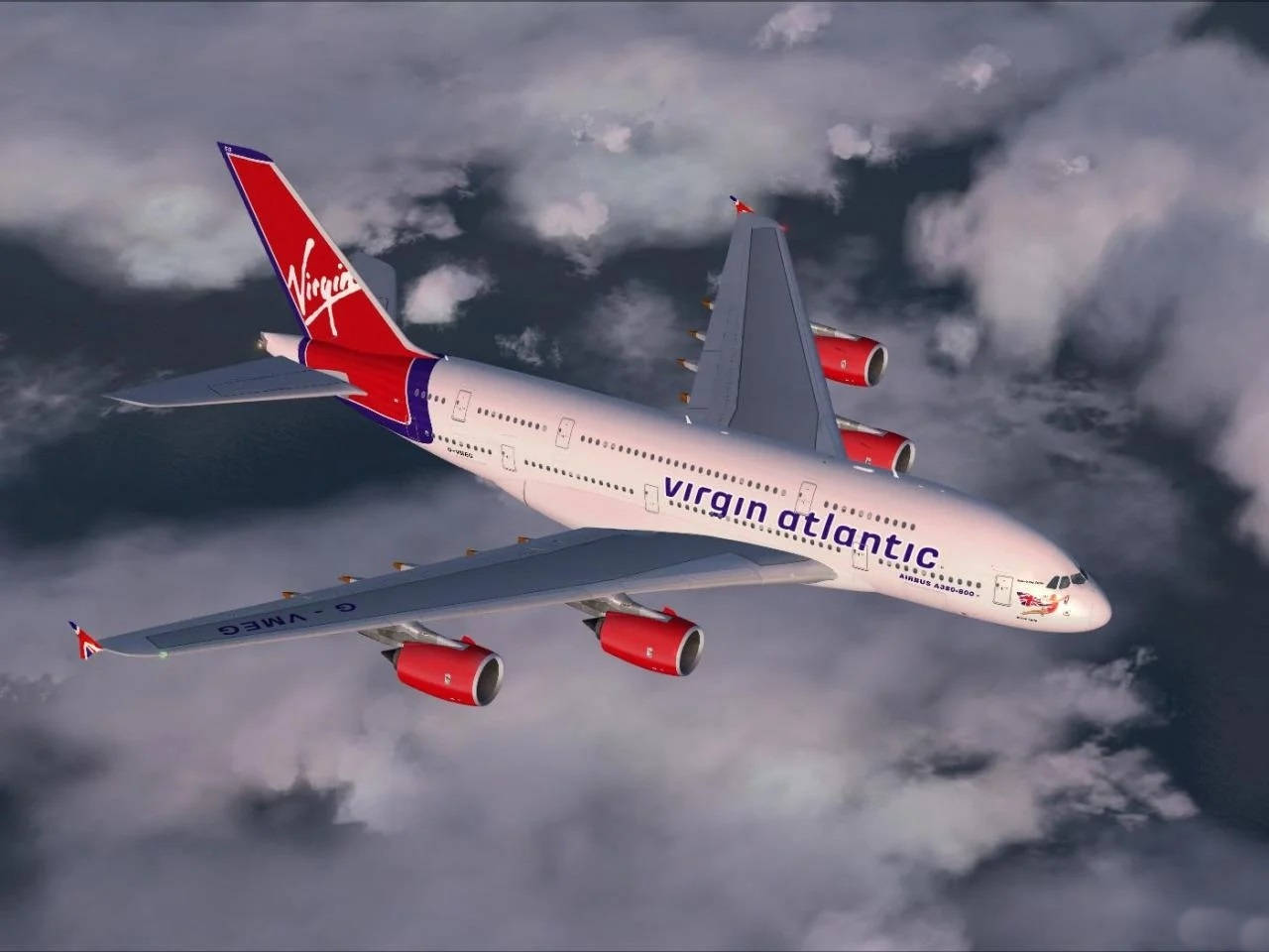 flying 桌布 壁紙 — 維珍航空空中巴士A380在戲劇性的灰色雲層上方翱翔，配備紅色引擎和尾翼。