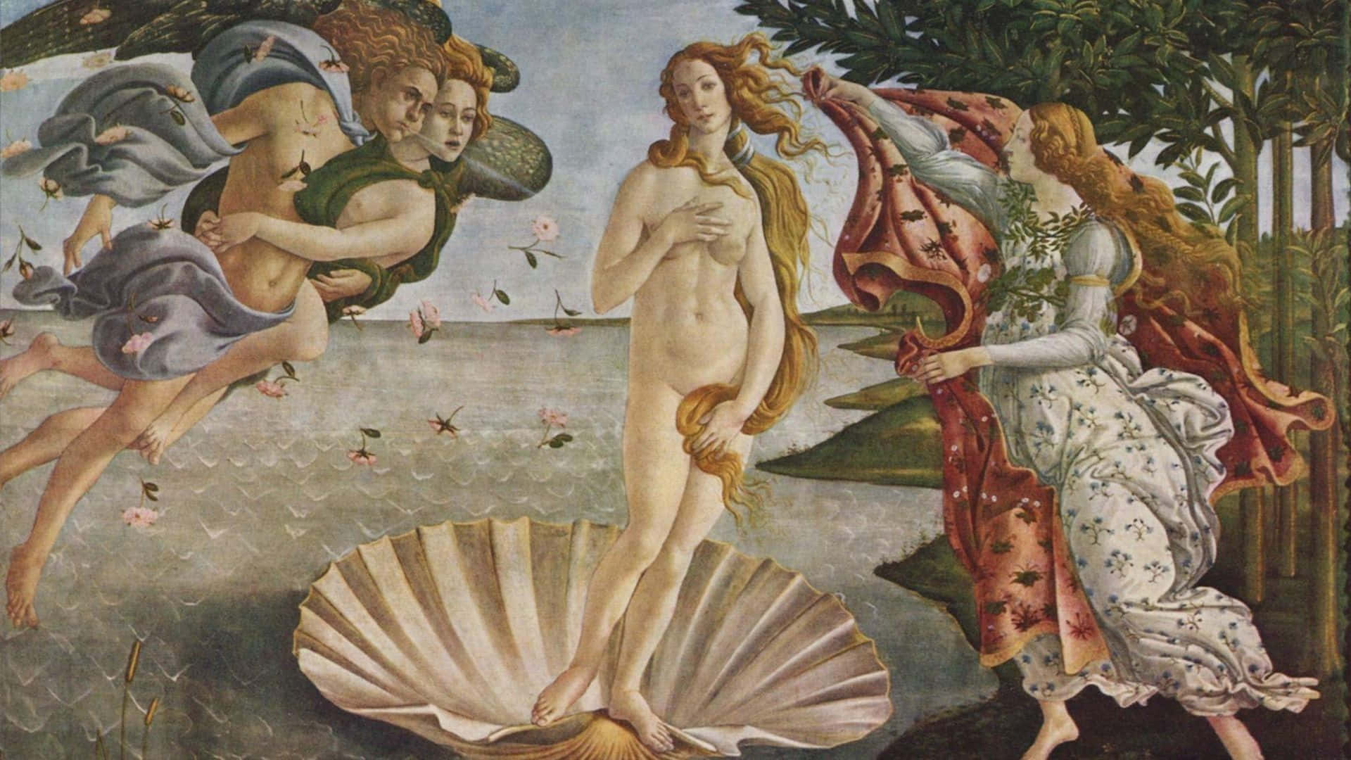 Renaissance 桌布 壁紙 — 維納斯從貝殼中浮現的古典畫作，帶翼的人物和一位披著布料的女子在茂盛的花園中環繞著她。