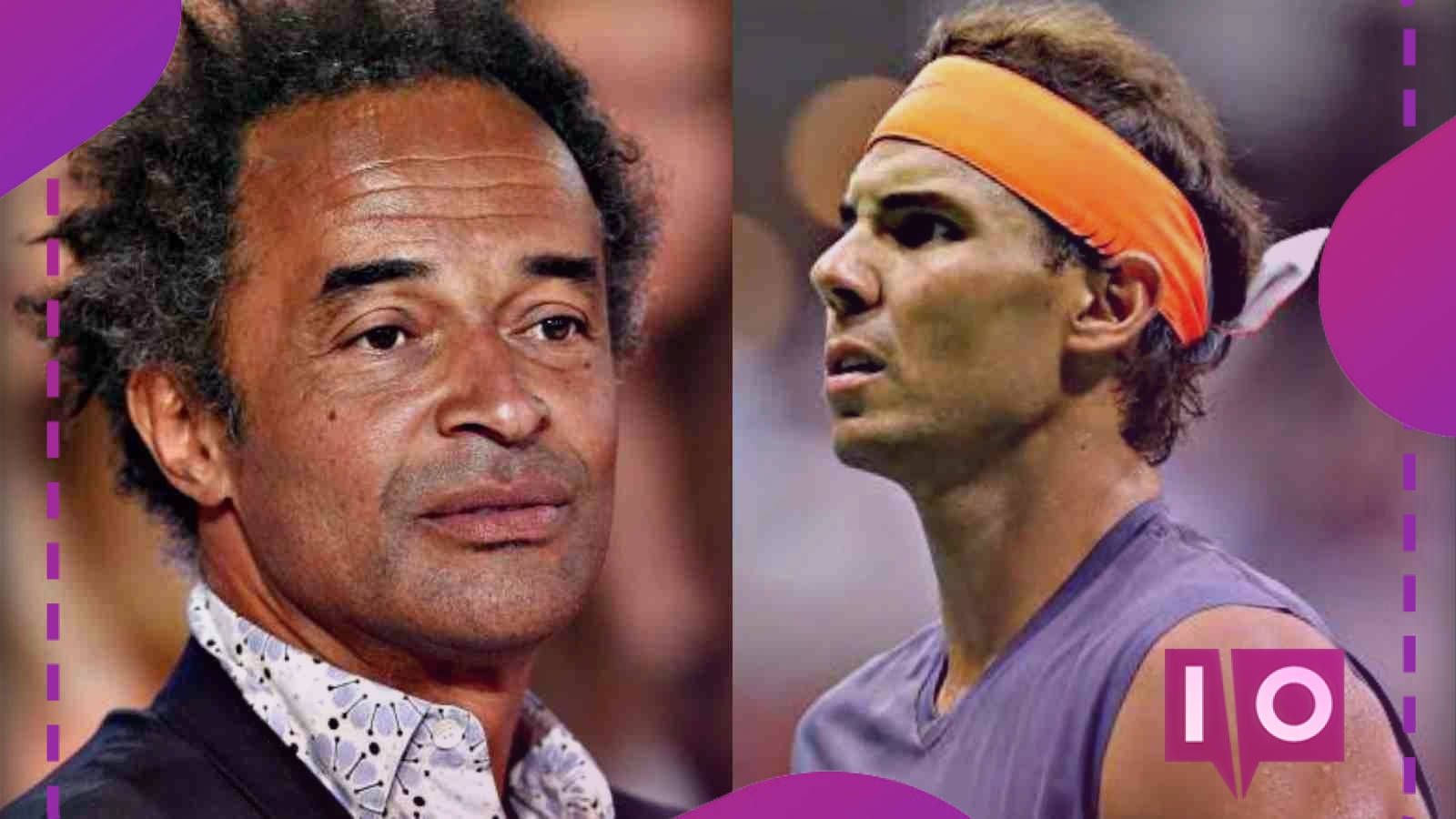 Tennis 桌布 壁紙 — 網球傳奇人物拉斐爾·納達爾身穿紫色裝備、橙色頭帶的分割肖像，旁邊是一位身穿圖案襯衫的男子，背景是充滿活力的紫色圖形點綴。
