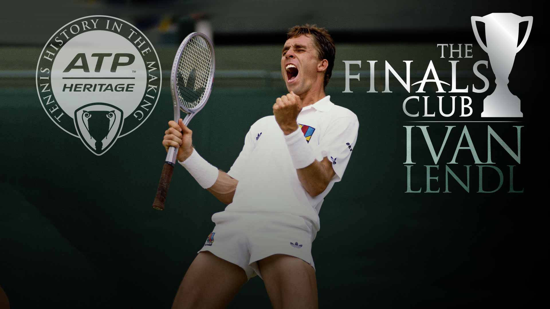 Tennis 桌布 壁紙 — 網球傳奇伊凡·藍道在深綠色背景前，高舉球拍和緊握拳頭，發出勝利的怒吼，背景有ATP Heritage和The Finals Club標誌。