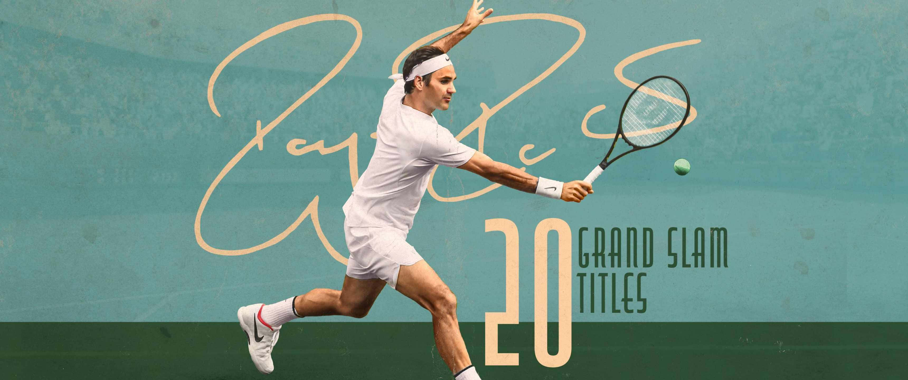 3440x1440p Tennis 桌布 壁紙 — 網球手羅傑·費德勒身穿白色裝備，在青綠色背景前揮拍，附有他的簽名和「20個大滿貫冠軍」文字。