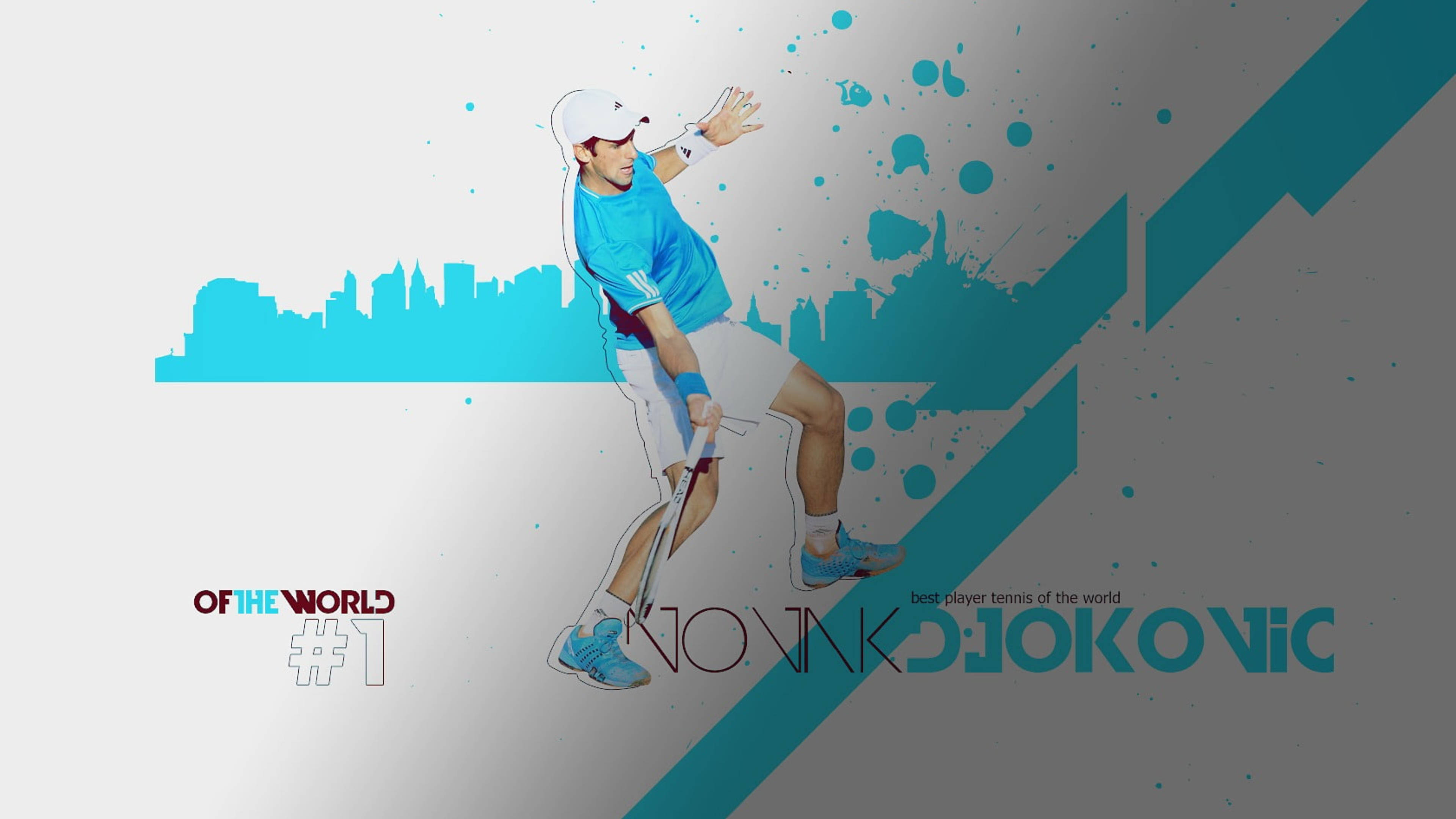 Novak 桌布 壁紙 — 網球手諾瓦克·喬科維奇在動態藍色動作中，背景為風格化的城市天際線和圖形飛濺。
