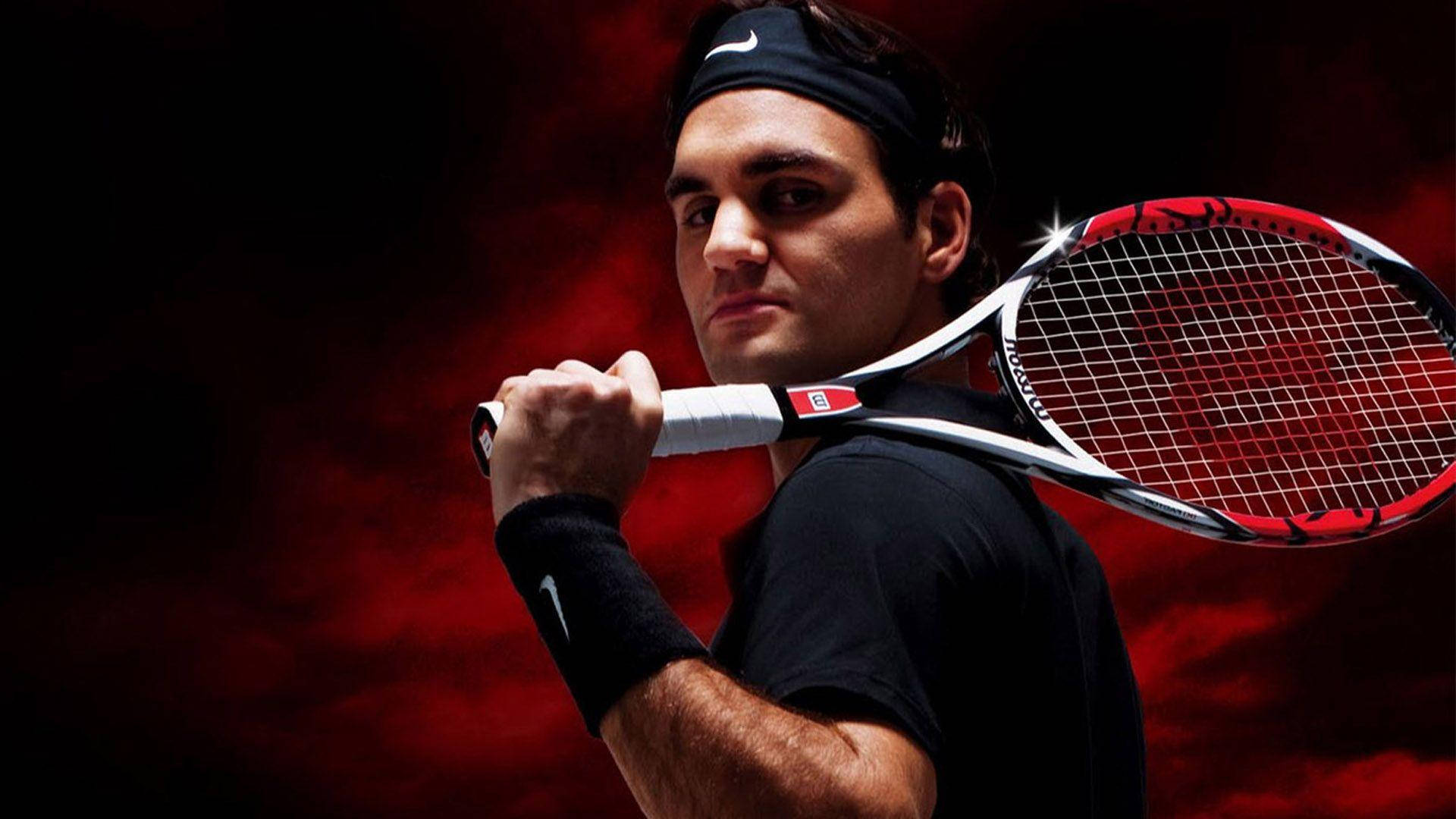 roger 桌布 壁紙 — 網球運動員 Roger Federer 在戲劇性的紅色煙霧背景下將球拍舉過肩膀。