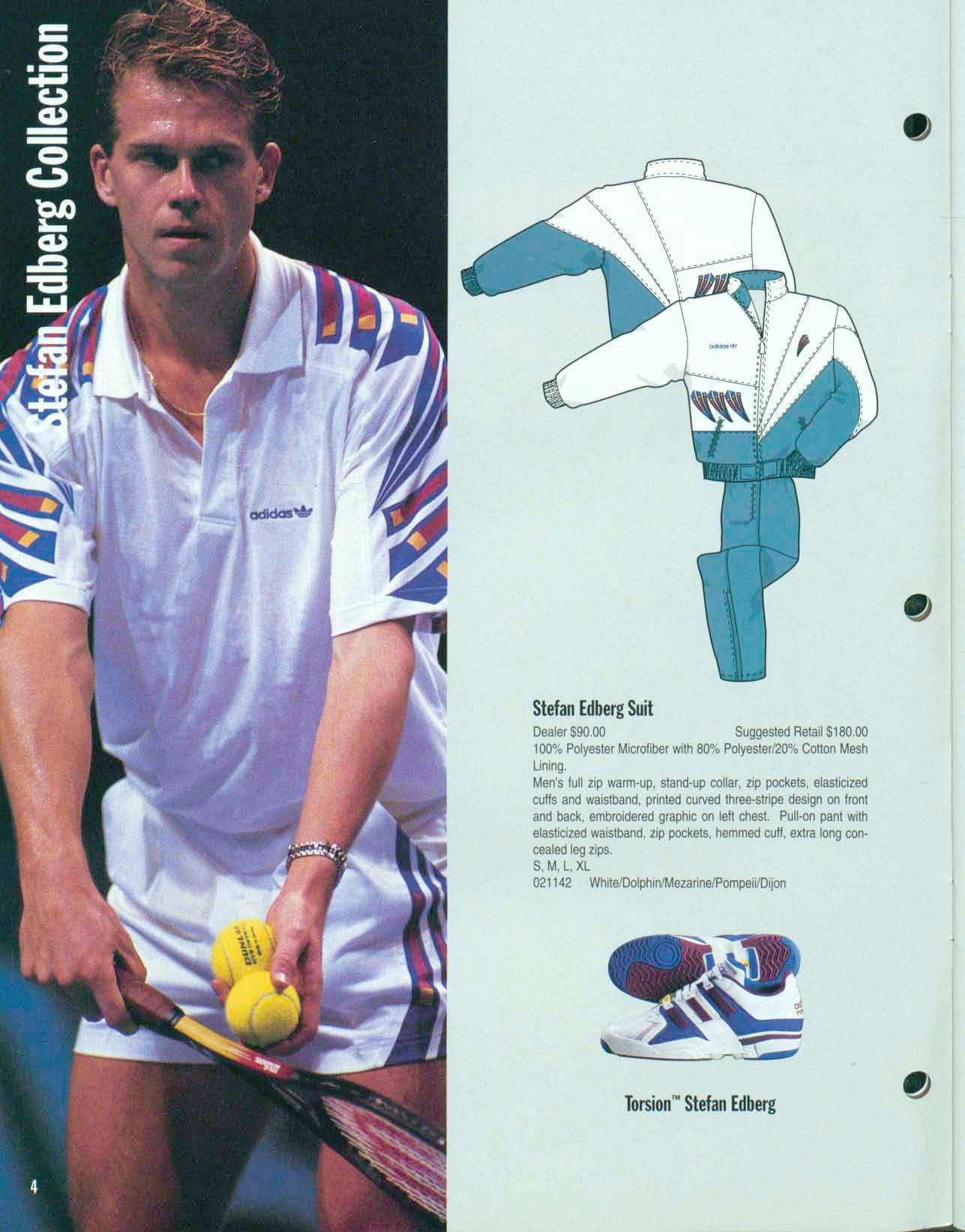 網球 桌布 壁紙 — 網球運動員 Stefan Edberg 身穿白色 adidas 服裝，手持球拍和網球，旁邊是他品牌西裝和鞋子的產品佈局。