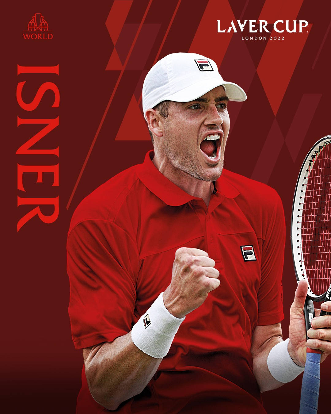 Tennis 桌布 壁紙 — 網球運動員John Isner身穿紅色裝備，手持球拍，在鮮明的紅色幾何背景前勝利咆哮。