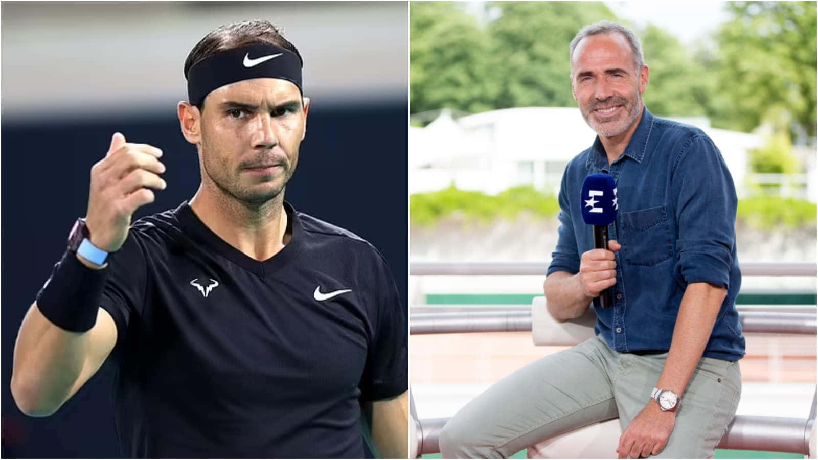 Tennis 桌布 壁紙 — 網球運動員拉斐爾·納達爾在球場上激烈地做手勢，而採訪者微笑著在戶外拿著麥克風。