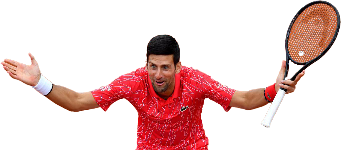 Novak 桌布 壁紙 — 網球運動員諾瓦克·喬科維奇身穿紅色圖案襯衫，在白色背景前張開雙臂慶祝，手持球拍。
