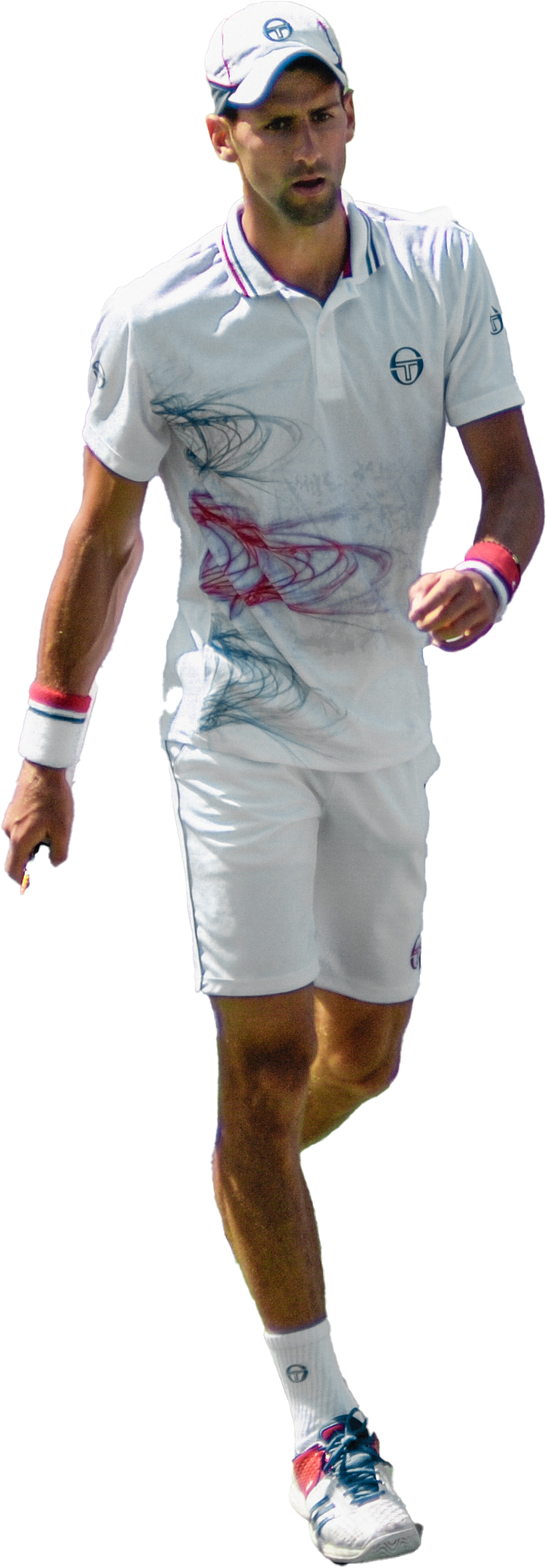 Athlete 桌布 壁紙 — 網球運動員身穿白色運動裝備，襯衫上有抽象紅藍漩渦，在純色背景下邁步中。