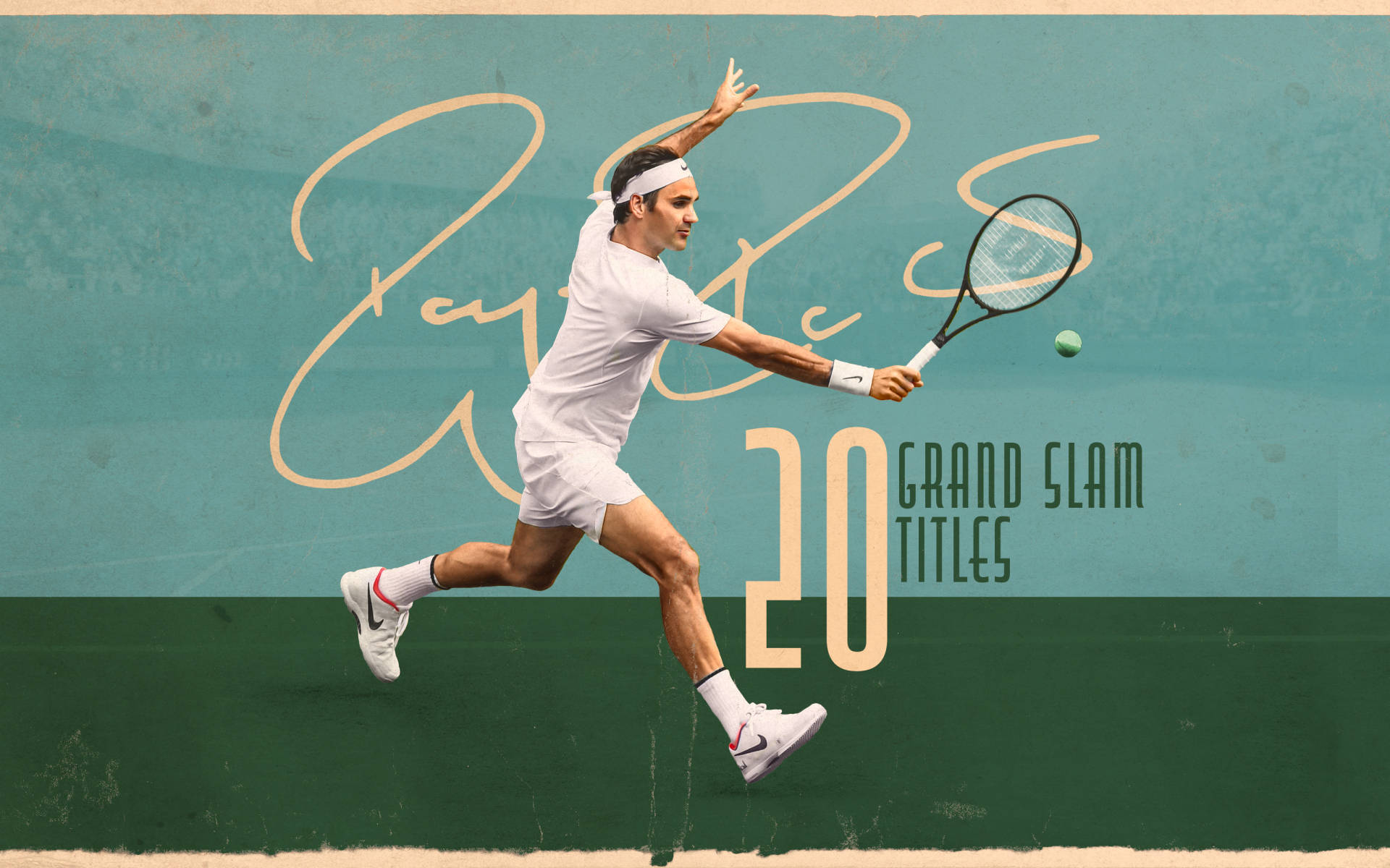 roger 桌布 壁紙 — 網球選手 Roger Federer 身穿白色裝備躍起，擊打綠色球對著青綠色牆壁，牆上有「20項大滿貫冠軍」文字。