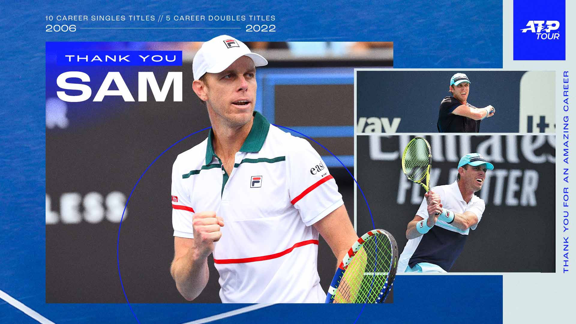 網球 桌布 壁紙 — 網球選手 Sam Querrey 在藍色背景上以統計覆蓋層和動作鏡頭慶祝球場勝利。