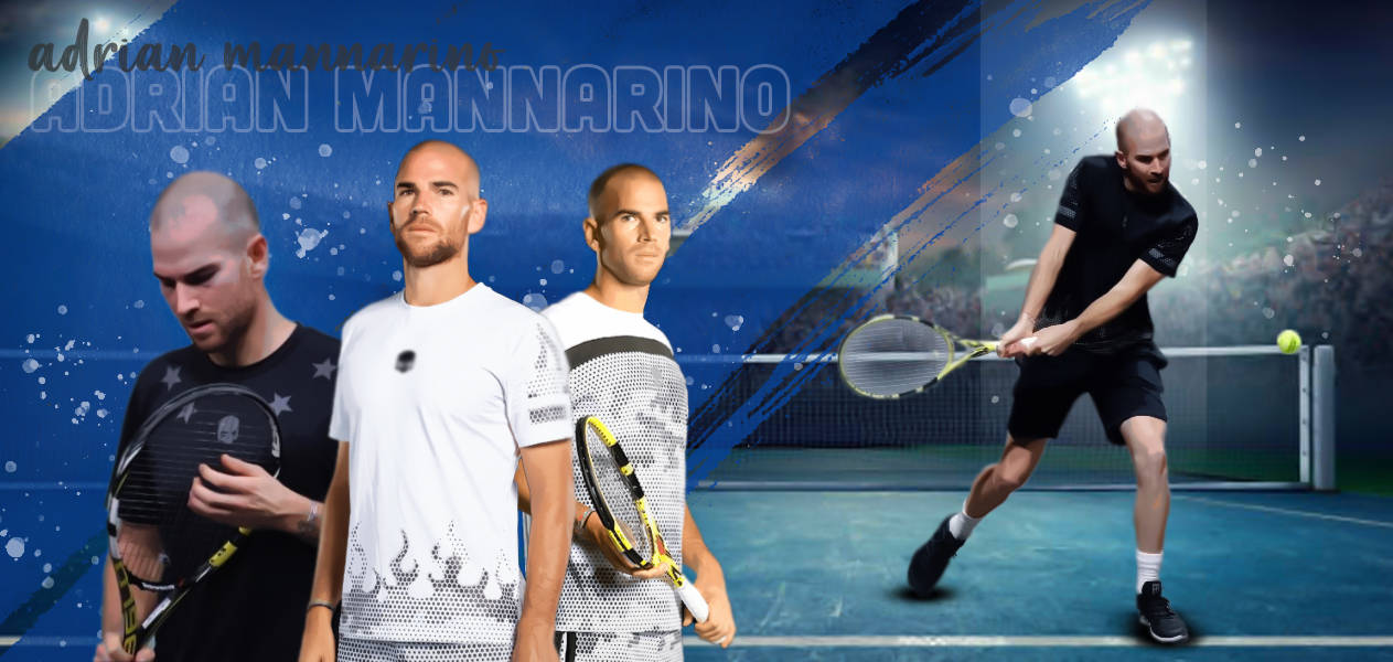 Tennis 桌布 壁紙 — 網球選手Adrian Mannarino在明亮燈光下的藍色球場上展示工作室肖像和揮拍動作。