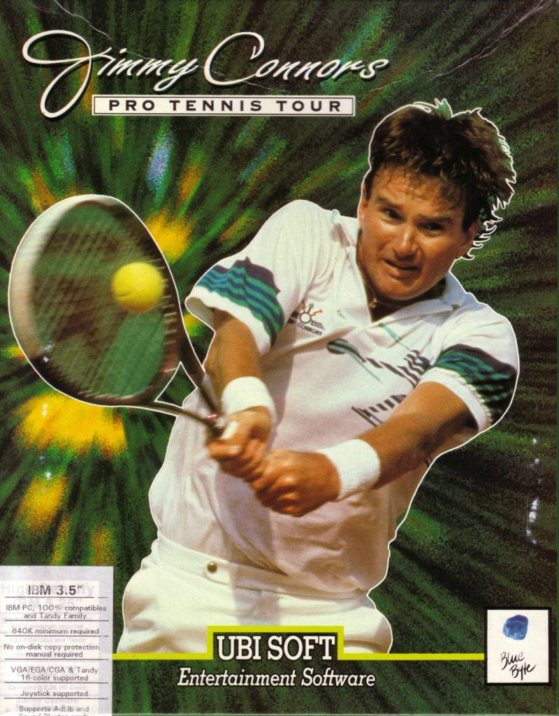 Retro 桌布 壁紙 — 網球選手Jimmy Connors在充滿活力的綠色和黃色抽象背景前揮拍擊打黃色球。