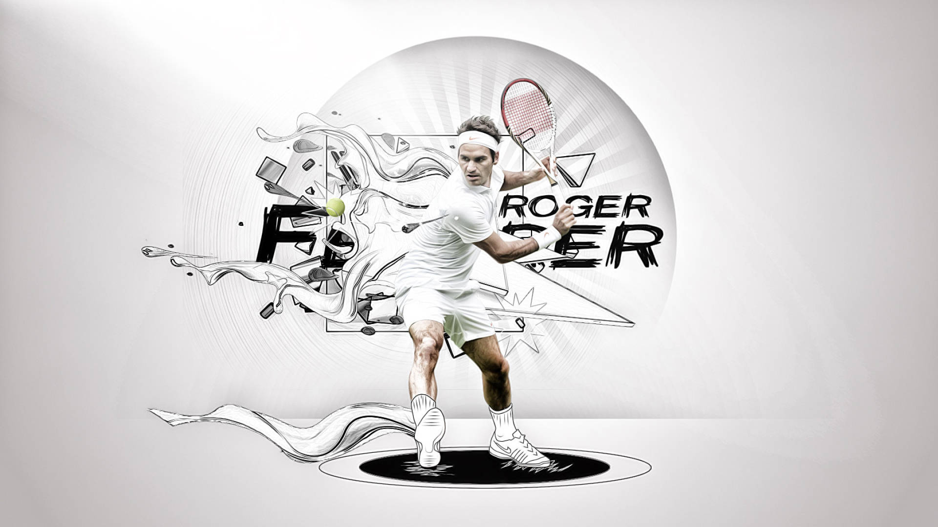 roger 桌布 壁紙 — 網球選手羅傑·費德勒揮拍中的動態數位插圖，搭配風格化的黑白抽象背景。