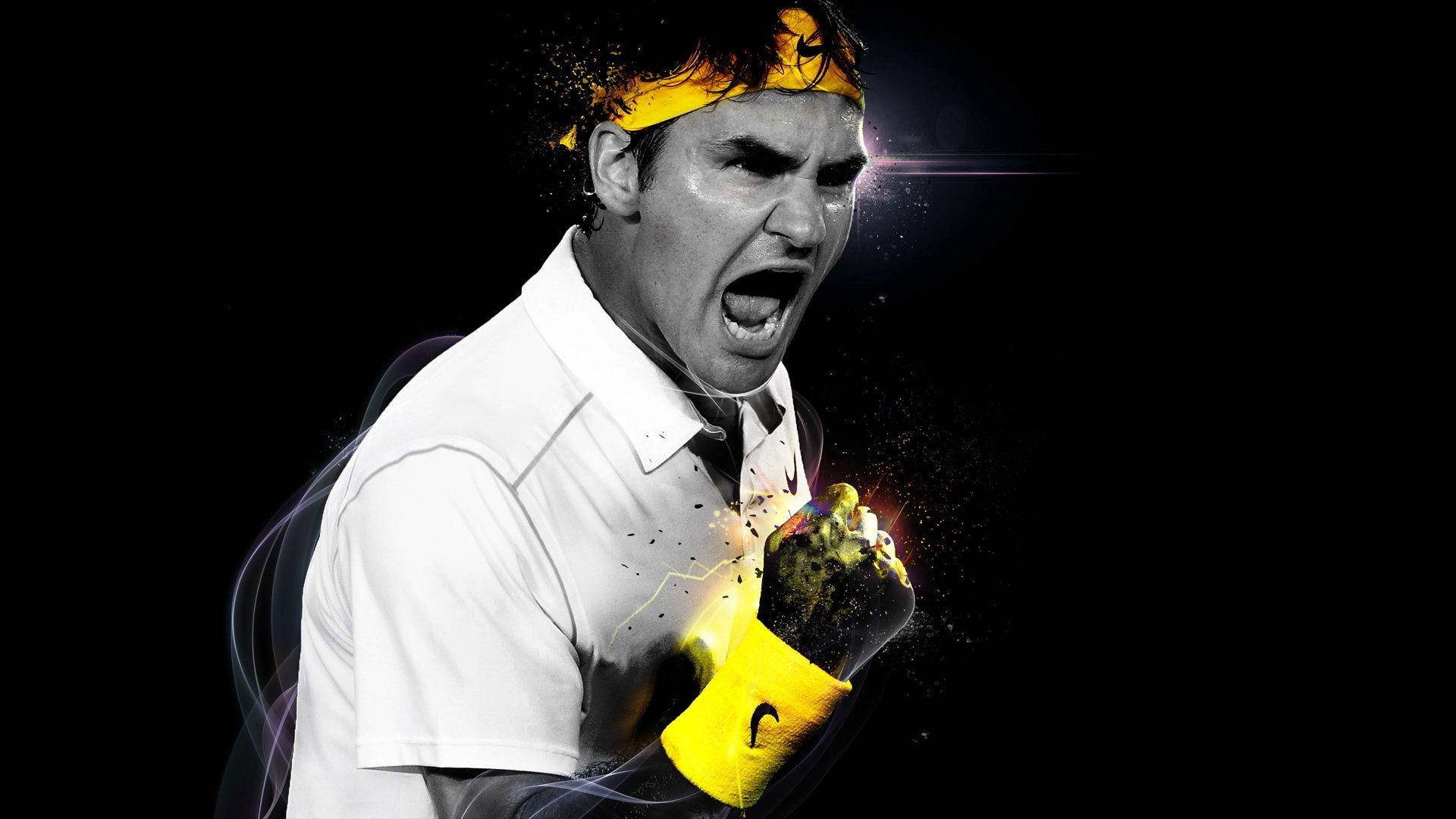 roger 桌布 壁紙 — 網球選手羅傑·費德勒發出強烈能量的咆哮，他緊握的拳頭在純黑背景上爆發出鮮豔的黃色火花。