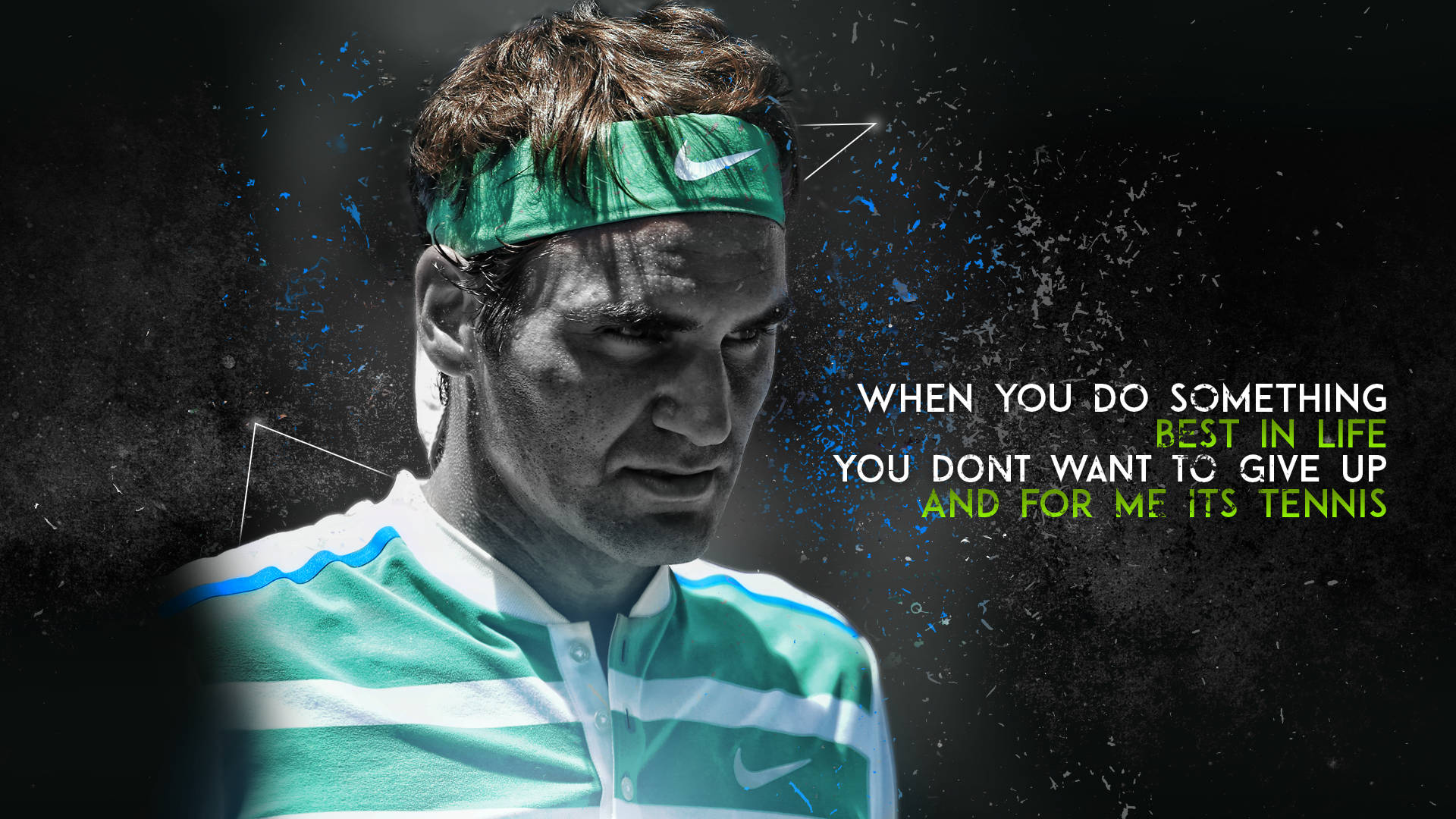 roger 桌布 壁紙 — 網球選手羅傑·費德勒身穿綠色和白色裝備，在黑暗粗糙的背景上，帶有勵志文字疊加，凝視著強烈的目光。