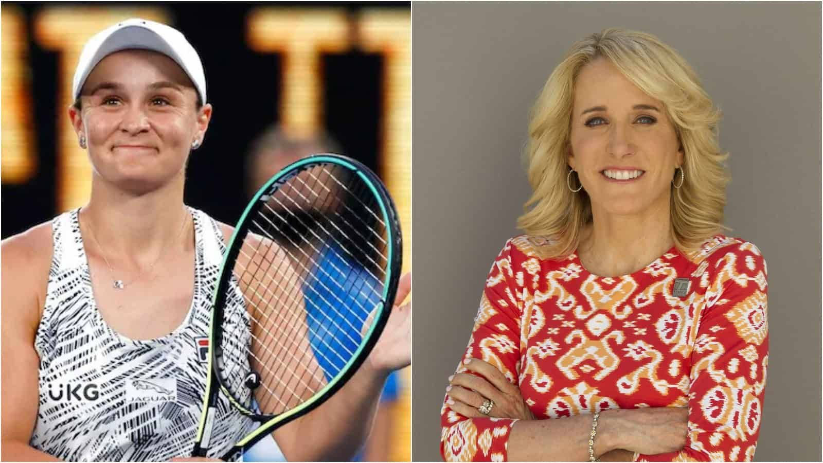 Tracy Austin 桌布 壁紙 — 網球選手艾許·巴蒂拿著球拍，旁邊有位穿紅色圖案上衣的微笑女士的分割圖片。
