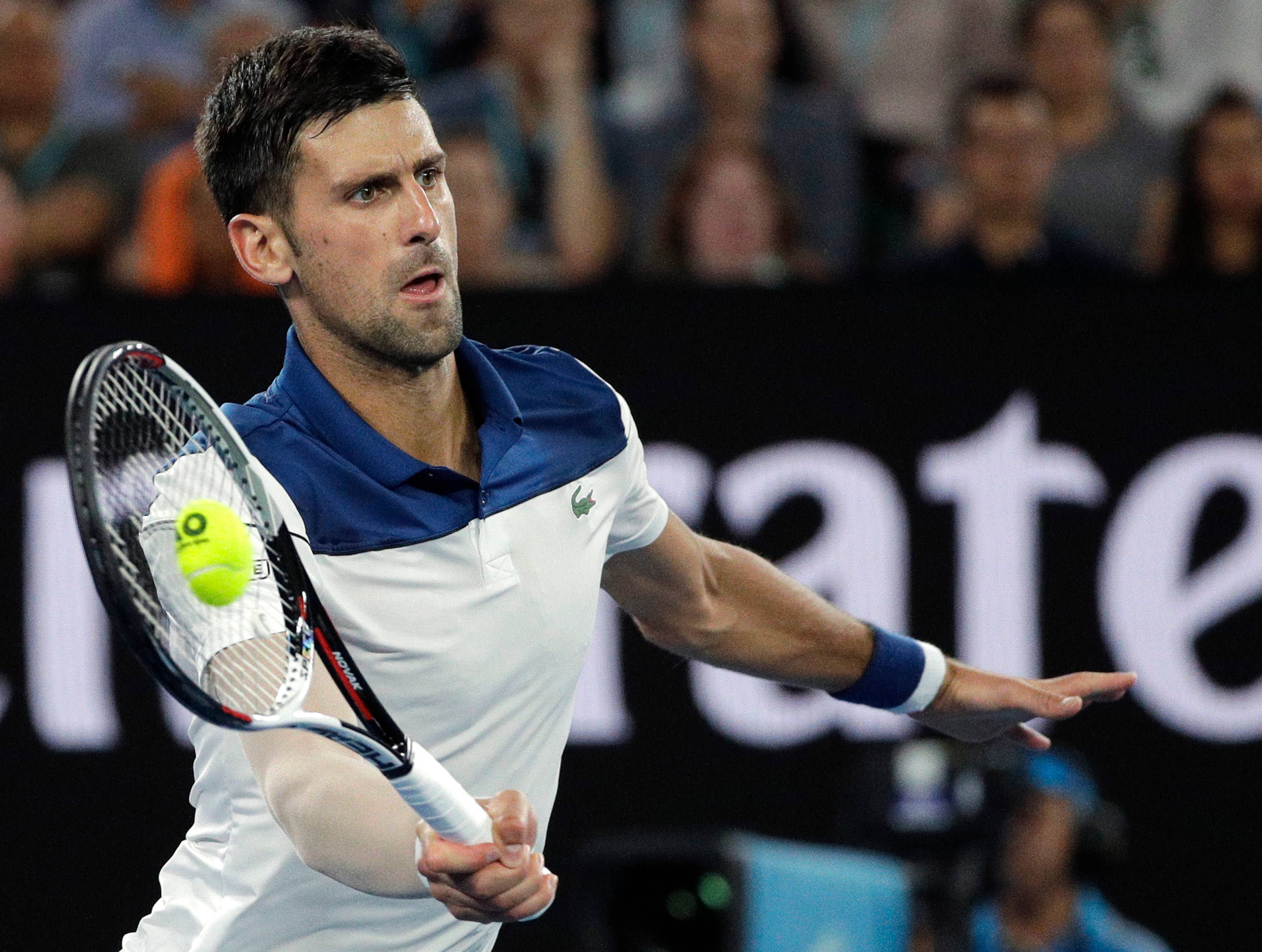 Novak 桌布 壁紙 — 網球選手諾瓦克·喬科維奇在比賽中專注地揮拍擊打明亮的黃色球。