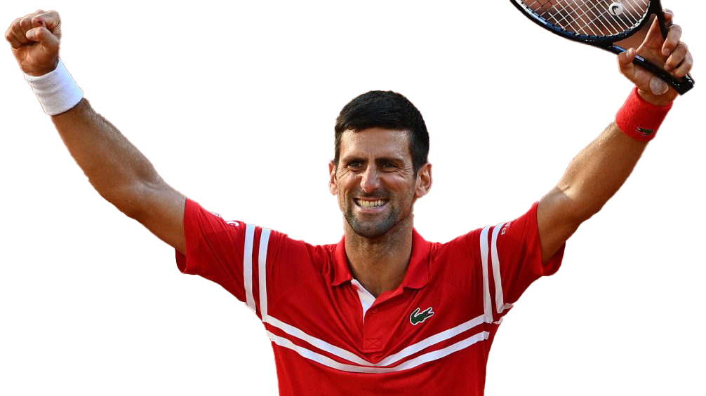 Athlete 桌布 壁紙 — 網球選手諾瓦克·喬科維奇在白色背景下高舉雙臂握著球拍慶祝勝利。