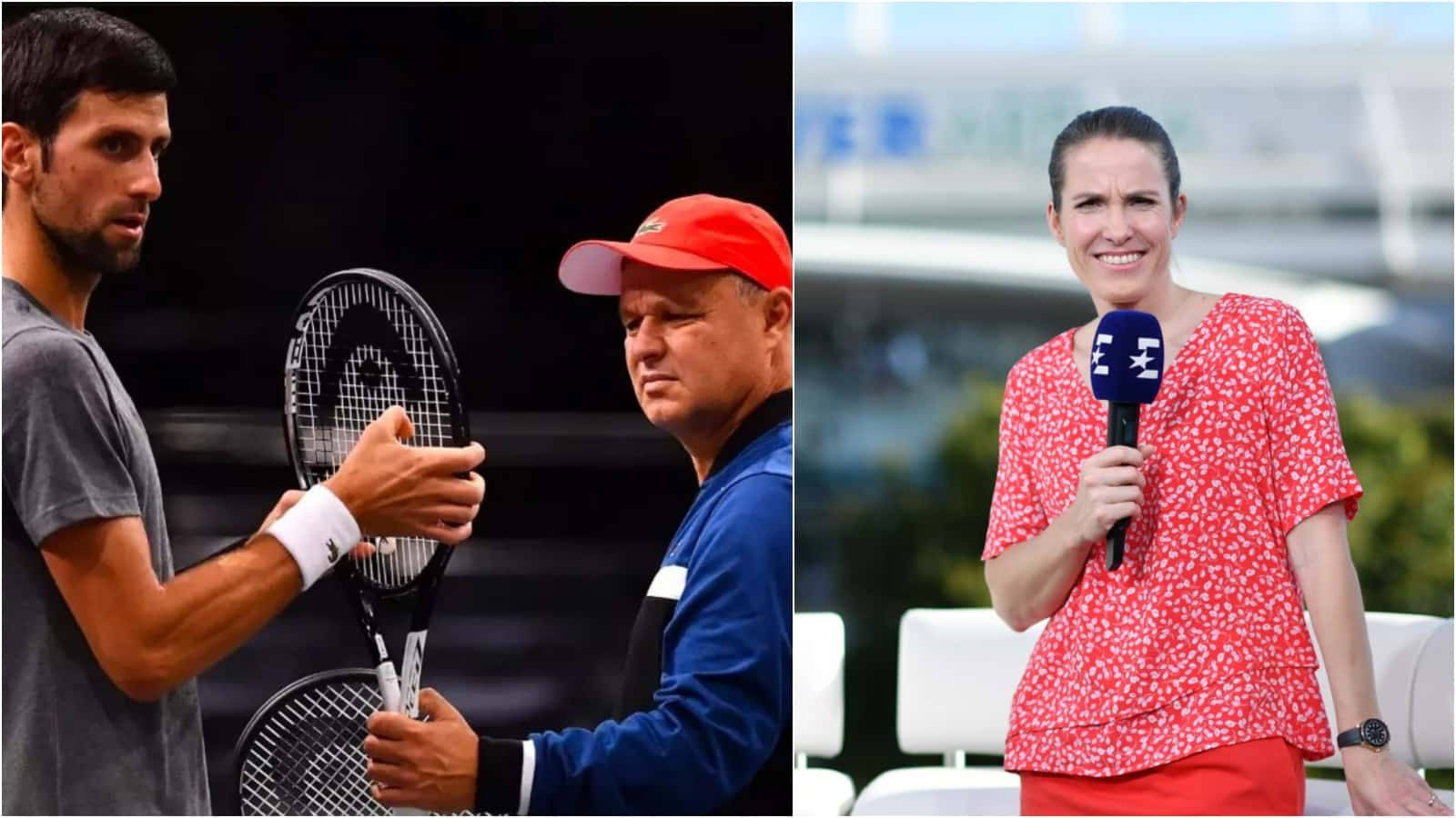 運動 桌布 壁紙 — 網球選手諾瓦克·喬科維奇與教練握手，而一位微笑的女記者在附近拿著麥克風。