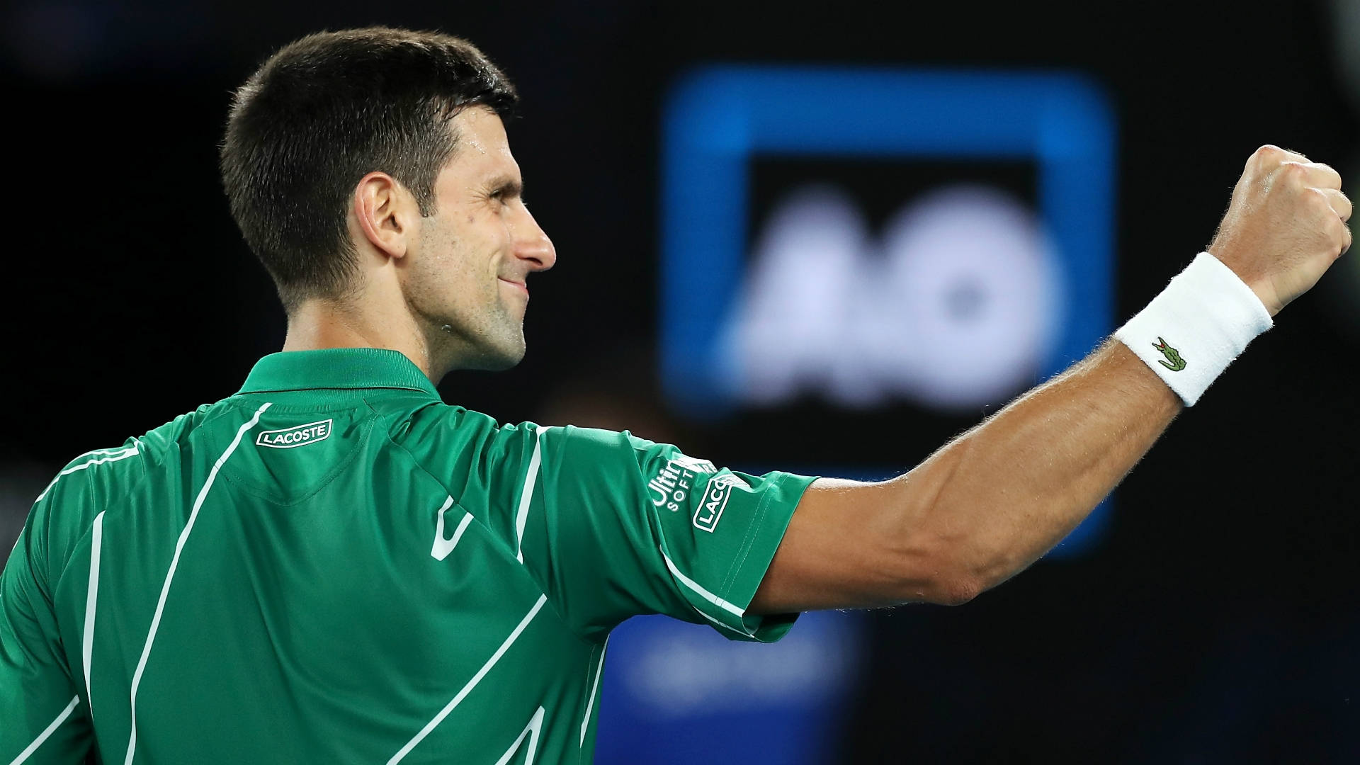 Novak 桌布 壁紙 — 網球選手諾瓦克·喬科維奇身穿綠色襯衫，在明亮的體育場燈光下舉起緊握的拳頭，擺出勝利姿勢。