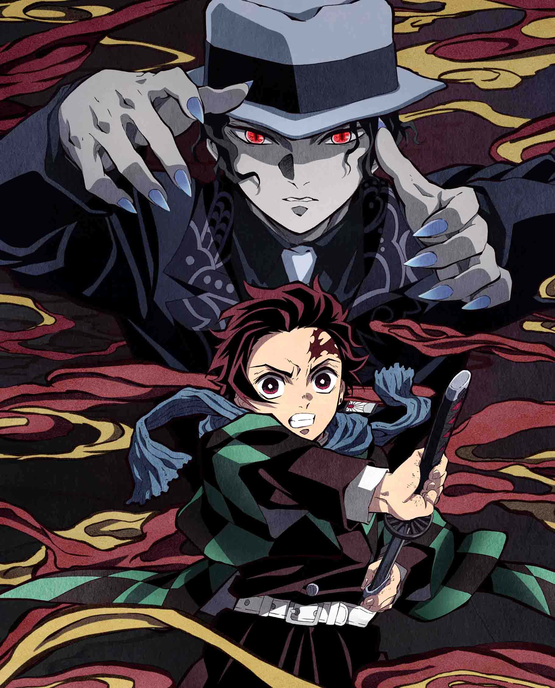 Tanjiro Kamado 桌布 壁紙 — 緊張的動畫戰鬥場景，紅眼惡魔籠罩在堅定的劍士之上，周圍環繞著旋轉的火焰圖案。