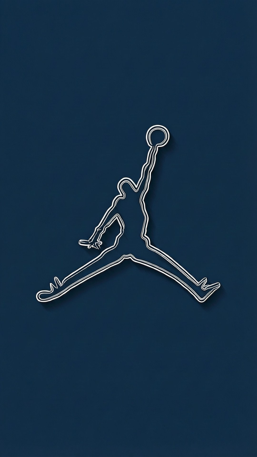線條藝術 Jumpman 壁紙 — 一個白色輪廓剪影，描繪籃球運動員在半空中灌籃，背景為純海軍藍色。