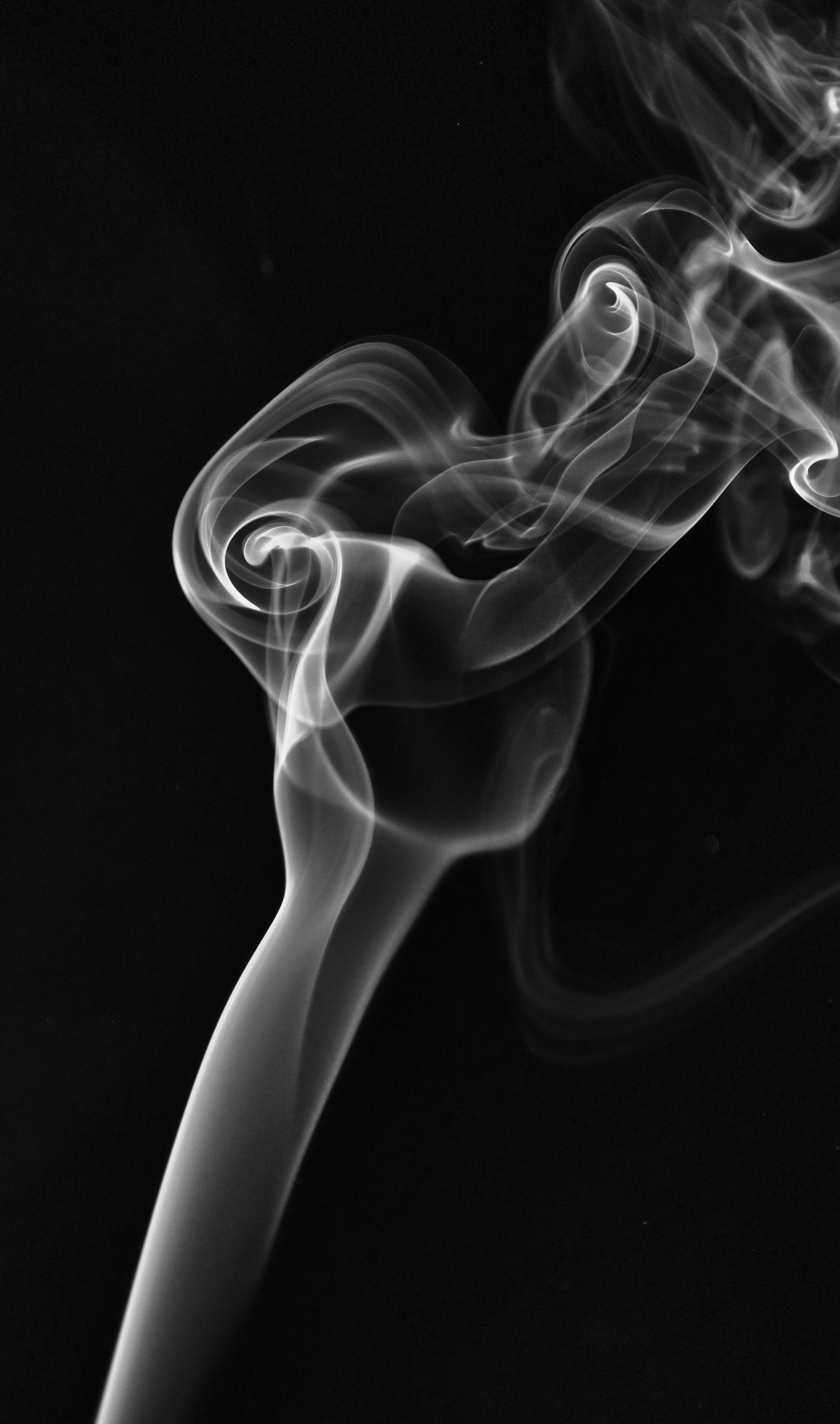 手機 桌布 壁紙 — 縹緲的白煙在純黑背景上優雅地盤旋扭動，形成抽象的舞蹈。
