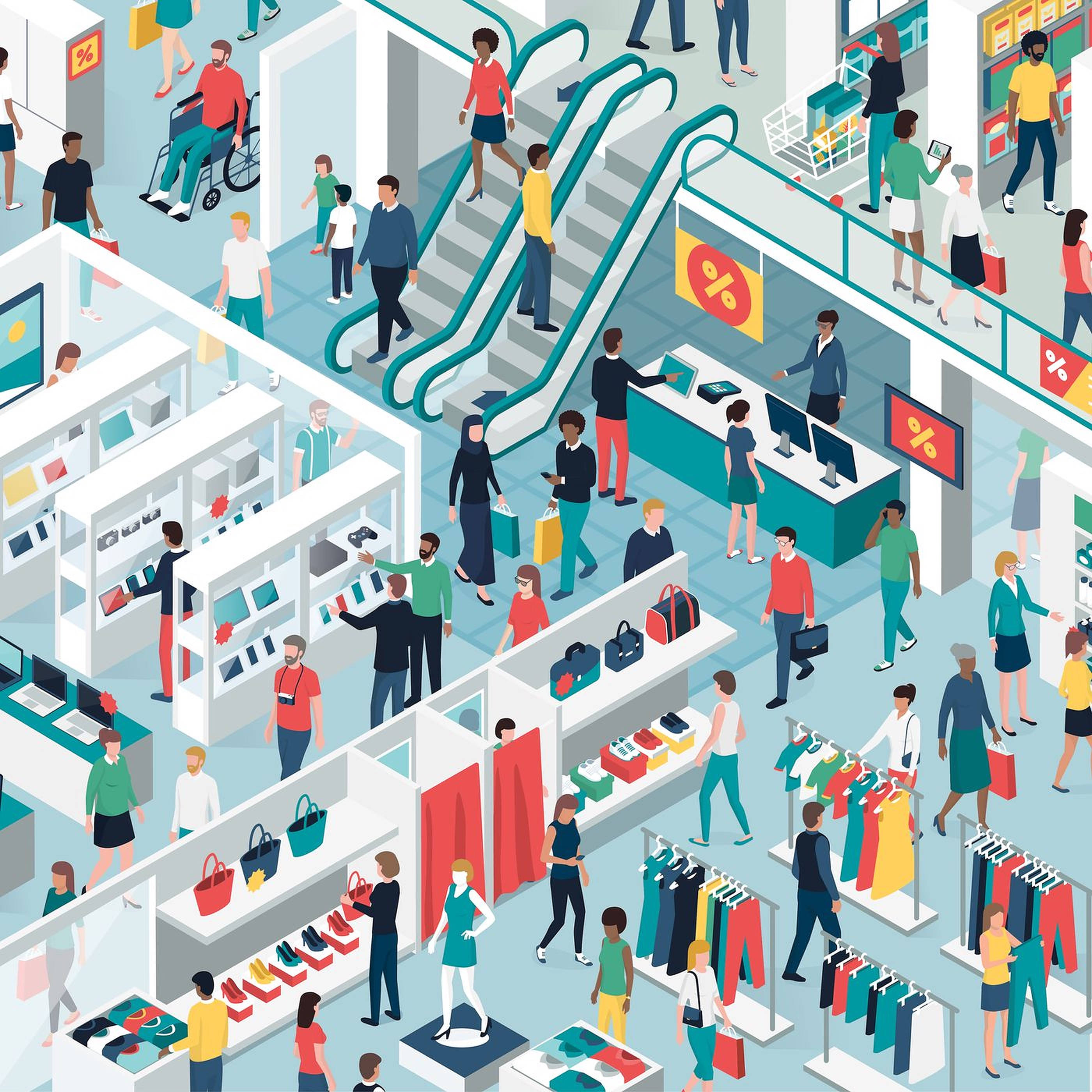 Mall 桌布 壁紙 — 繁忙多層購物中心的等角視圖，設有電梯、購物者和促銷標誌。