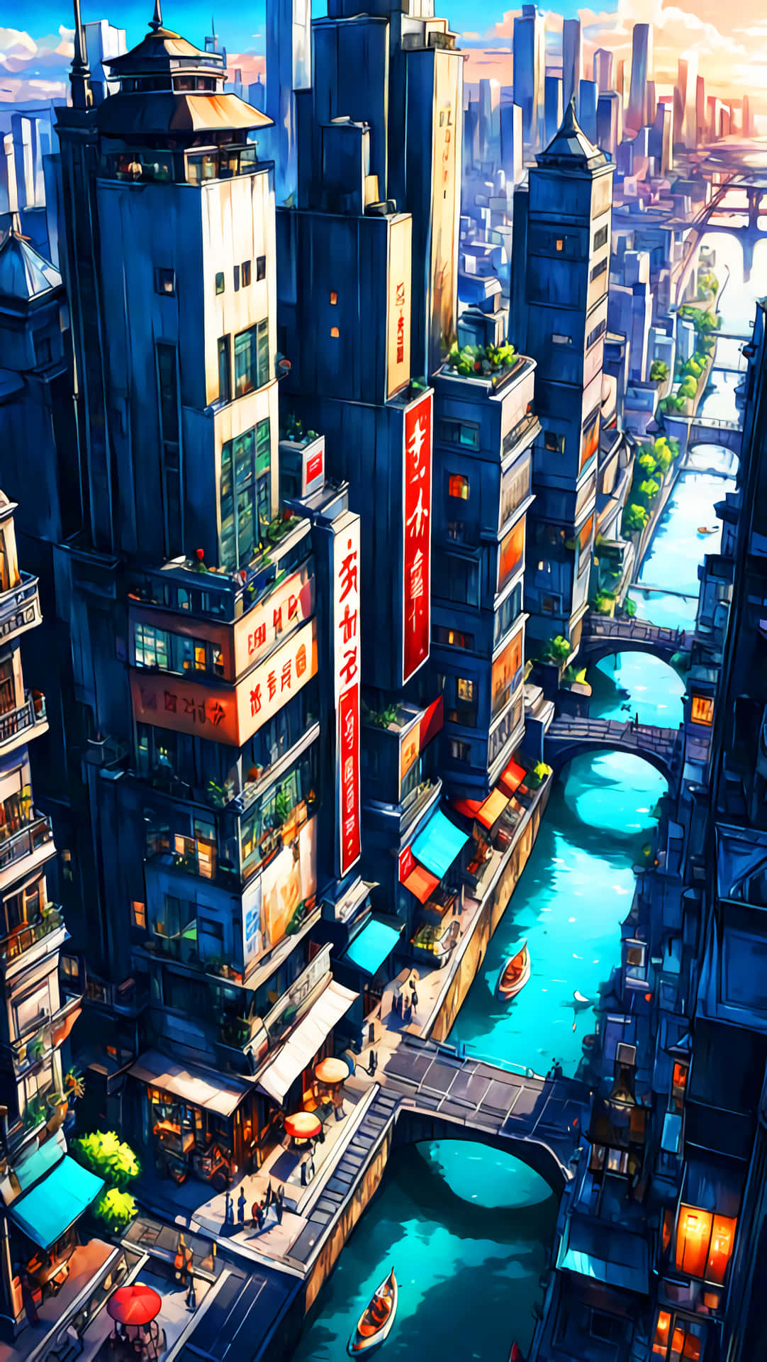 Colorful Anime village Wallpaper 壁紙 — 繁忙未來城市的鳥瞰圖，有高聳建築物、發光標誌和一條有船隻的藍綠色運河。