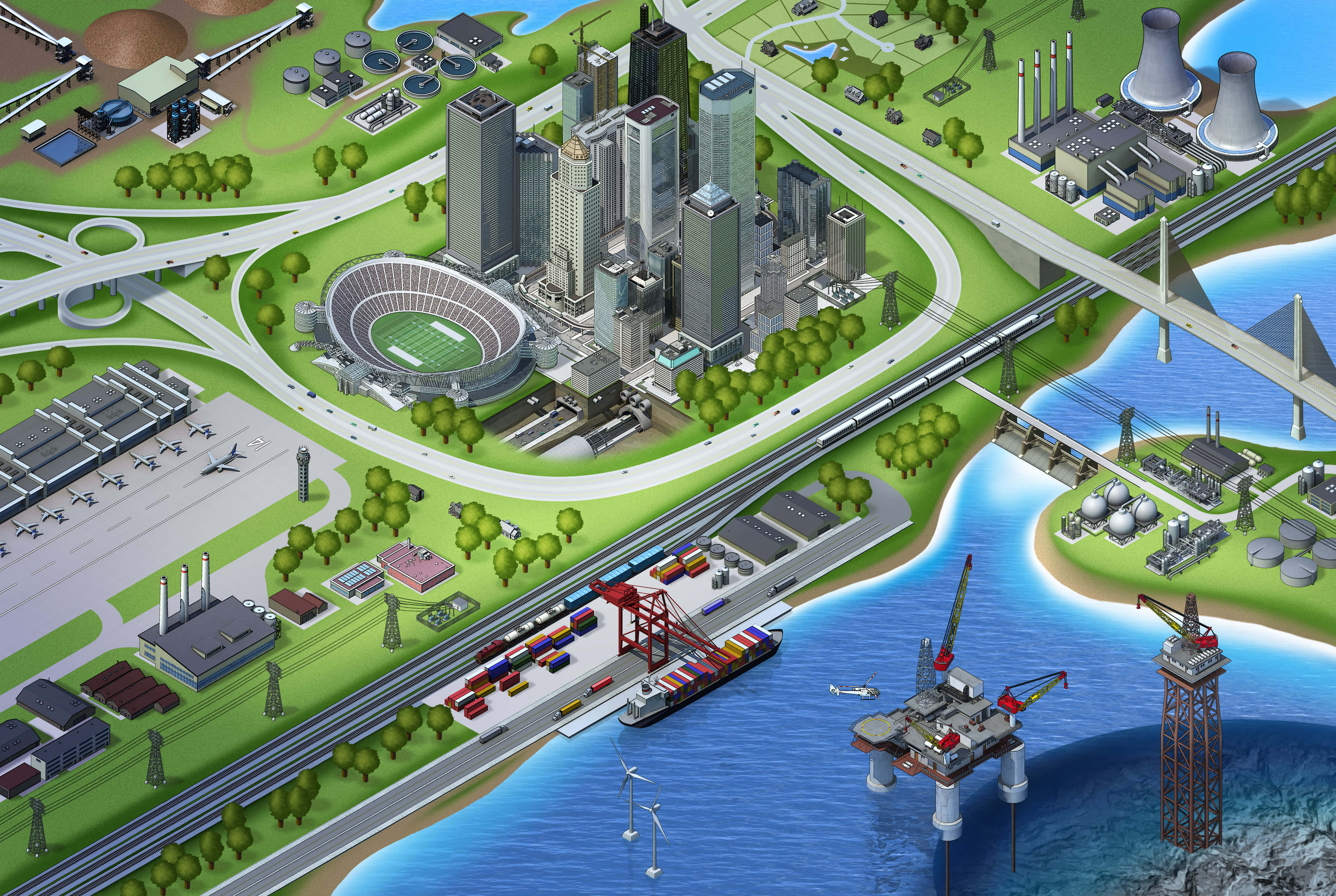3d City 桌布 壁紙 — 繁忙沿海城市的等軸插圖，有摩天大樓、體育場、港口和離岸石油鑽井平台。