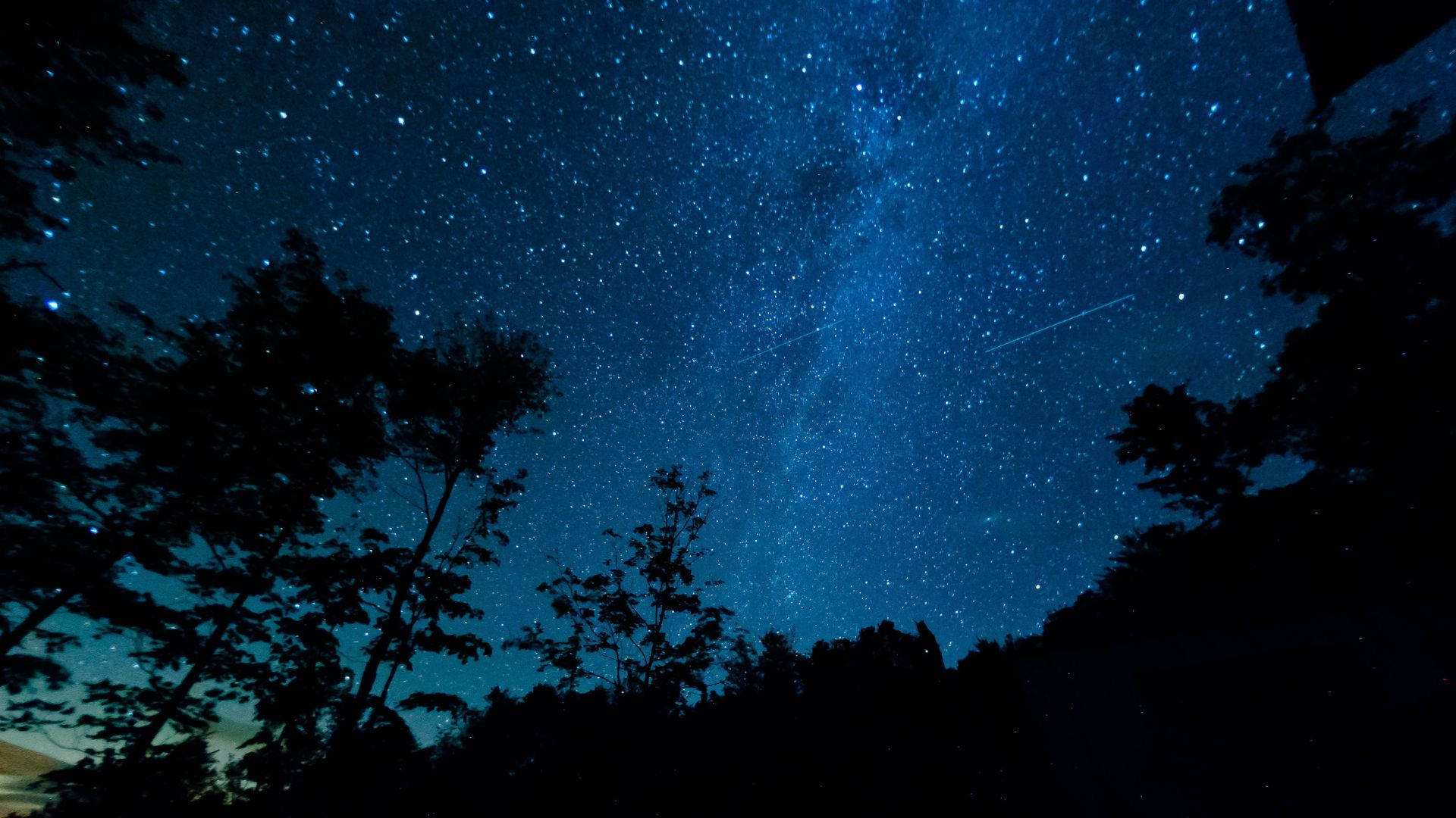 Stars 桌布 壁紙 — 繁星點點的夜空，一顆明亮的流星劃過銀河，上方是黑暗的樹木剪影。