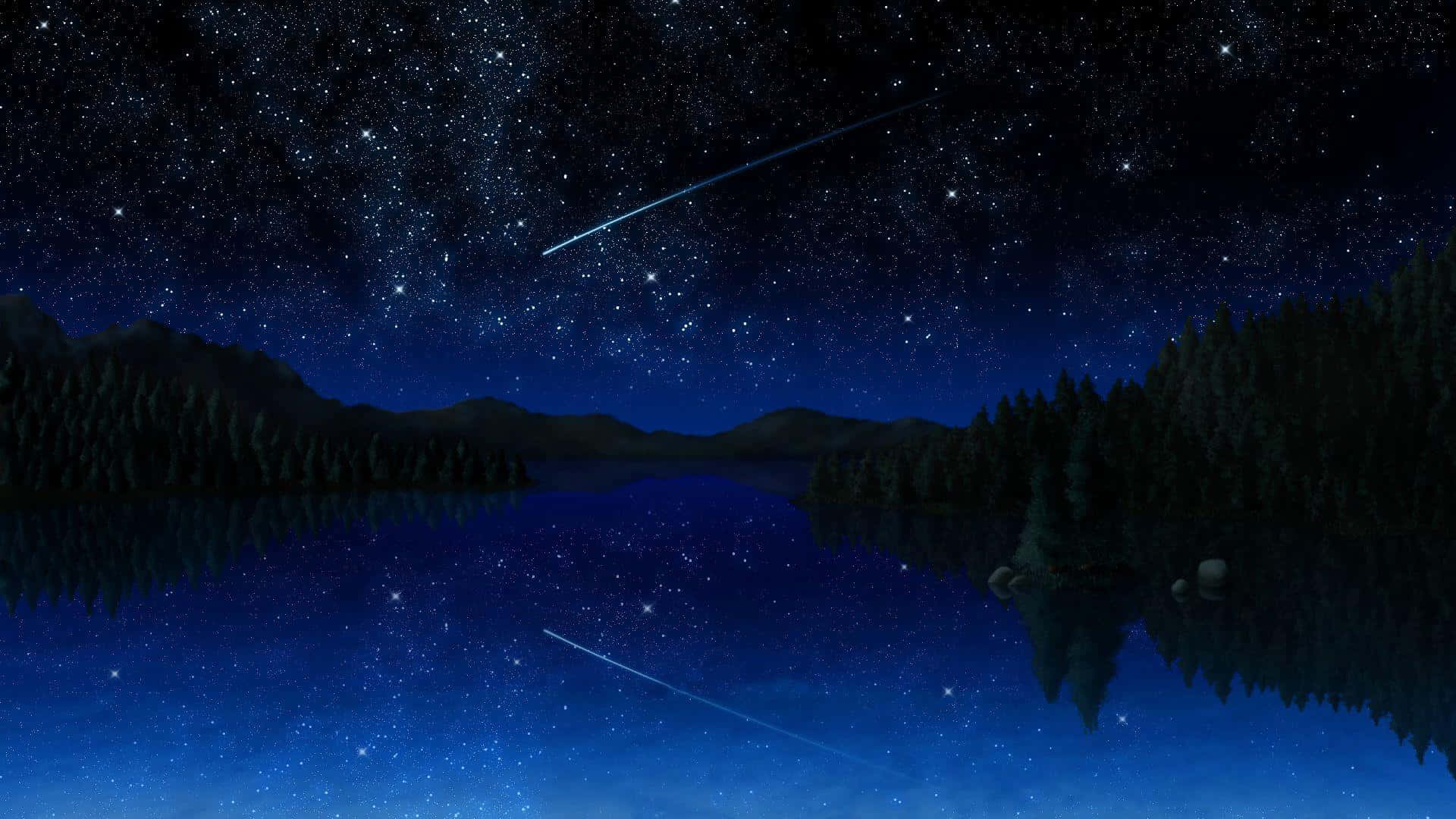 夜空 桌布 壁紙 — 繁星點點的夜空，一顆流星劃過，映照在平靜的湖面上，反射出山巒和樹木。