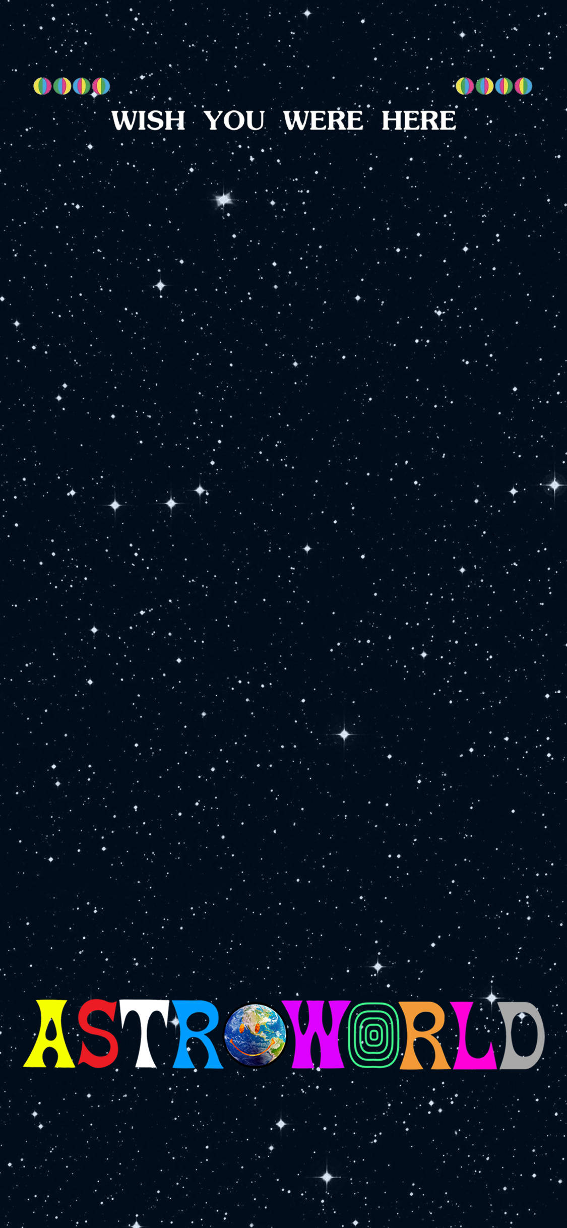 崔維斯·史考特 桌布 壁紙 — 繁星點點的夜空，帶有色彩繽紛的「ASTROWORLD」文字和「WISH YOU WERE HERE」短語。