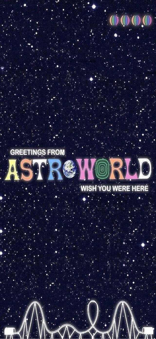 崔維斯·史考特 桌布 壁紙 — 繁星點點的夜空，帶有色彩繽紛的「Greetings from AstroWorld」文字和底部白色雲霄飛車剪影。