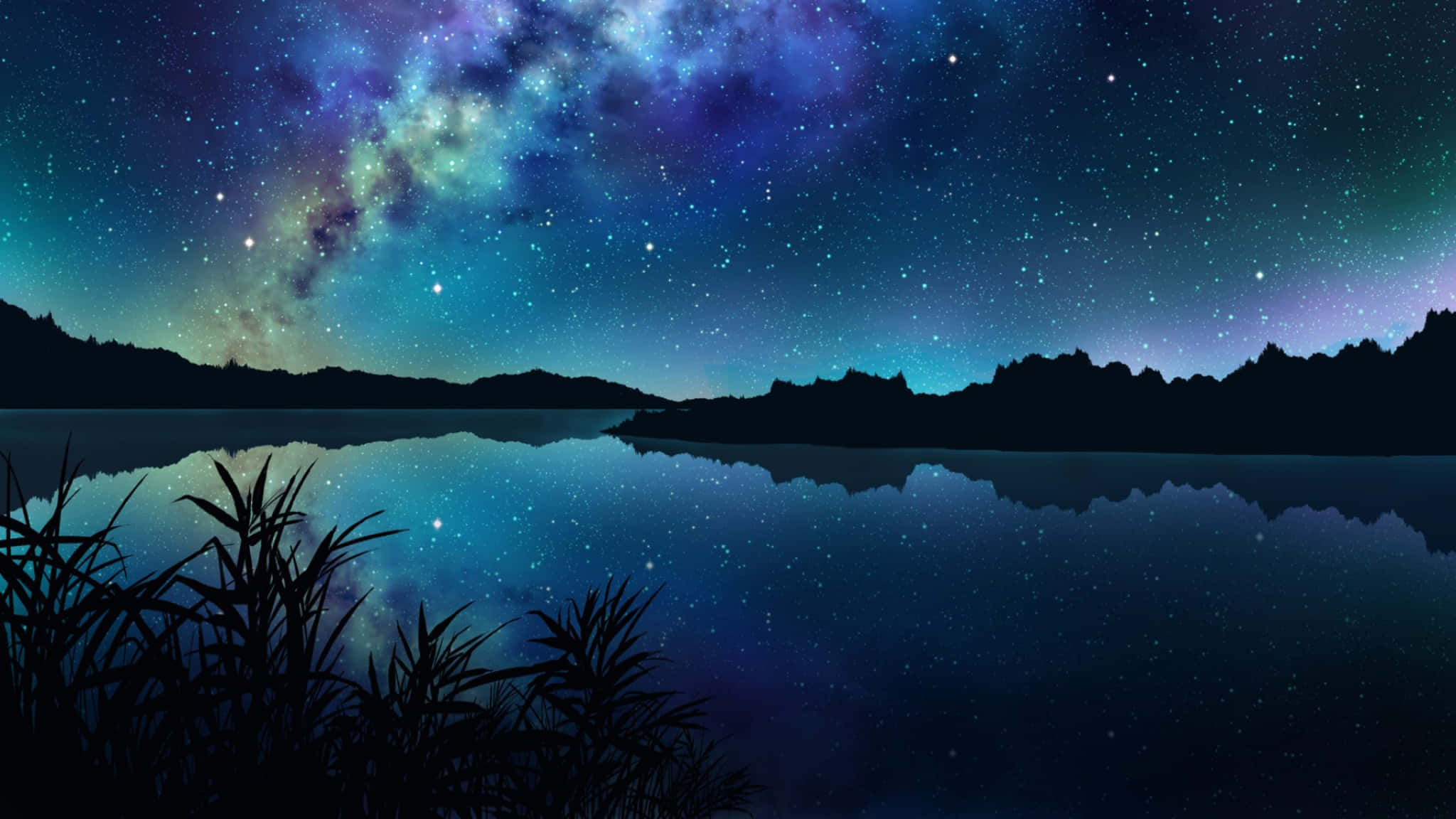 2048x1152 桌布 壁紙 — 繁星點點的夜空，燦爛的銀河拱跨在平靜的湖面上，倒映出宇宙的光芒和輪廓分明的山丘。