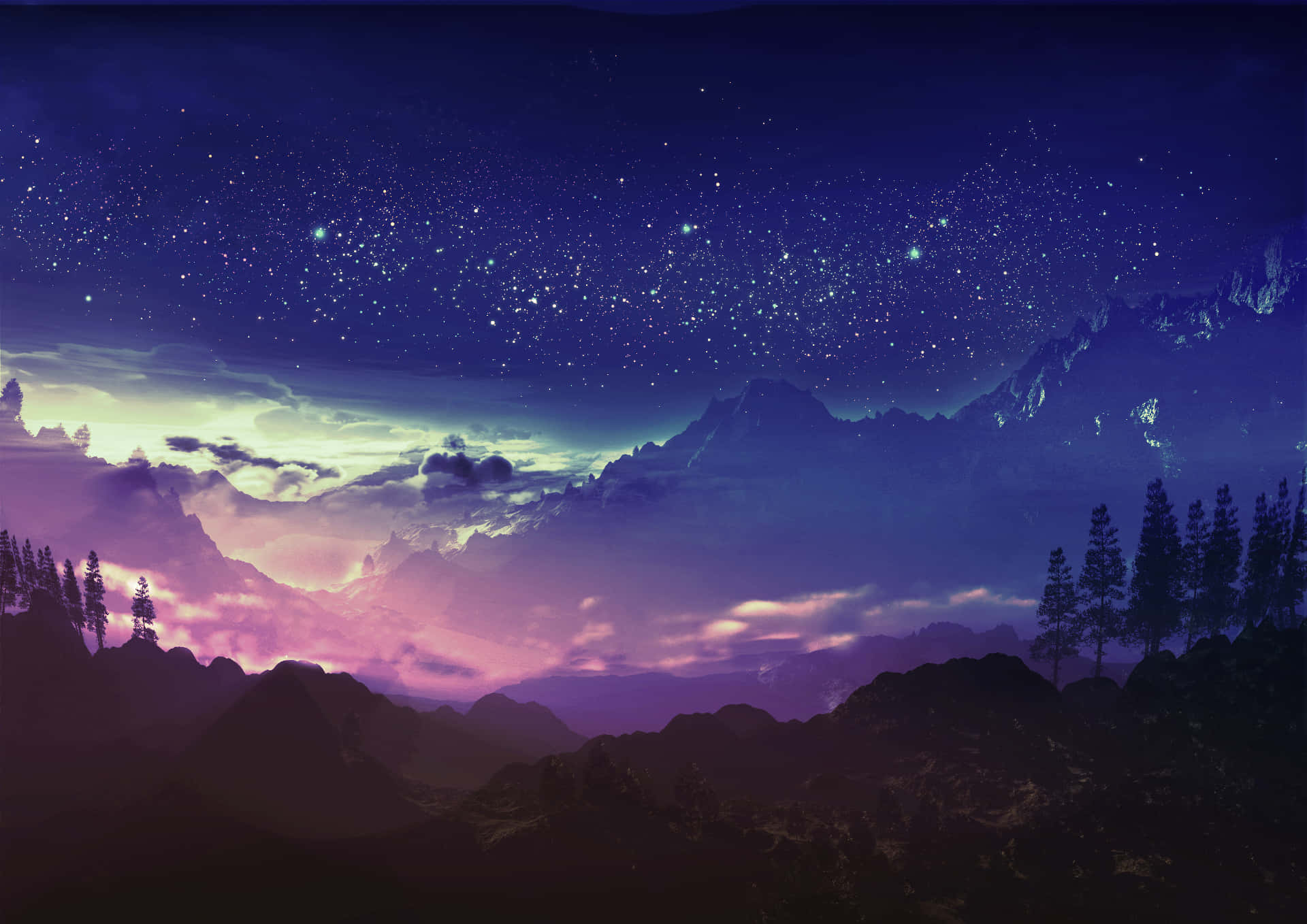 桌布 壁紙 — 繁星點點的夜空，發光的雲朵籠罩在黑暗的山峰和剪影般的松樹之上。