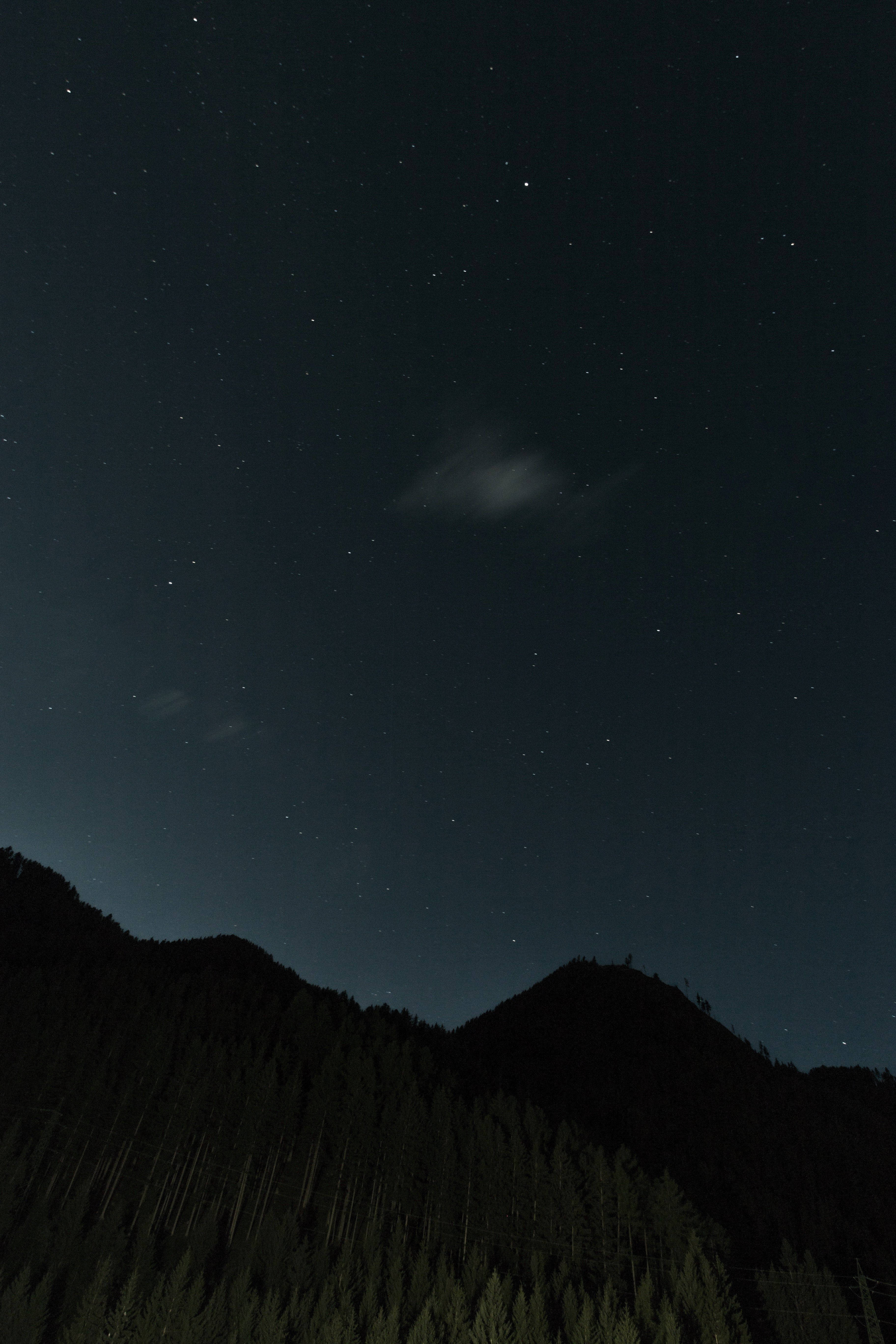 Dim 桌布 壁紙 — 繁星點點的夜空，薄雲輕飄，籠罩在黑暗森林覆蓋的山峰之上。