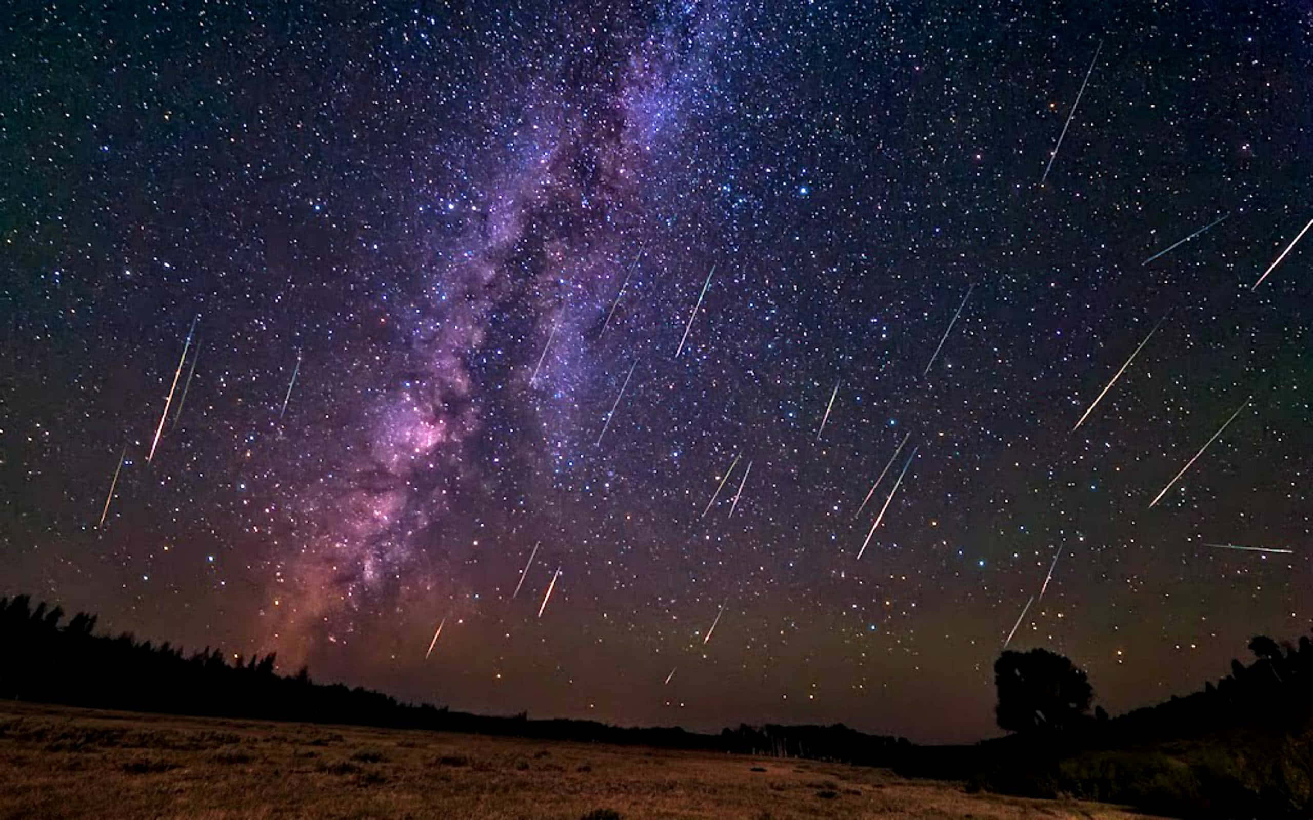 銀河 桌布 壁紙 — 繁星點點的夜空，銀河和流星劃過黑暗森林的輪廓之上。